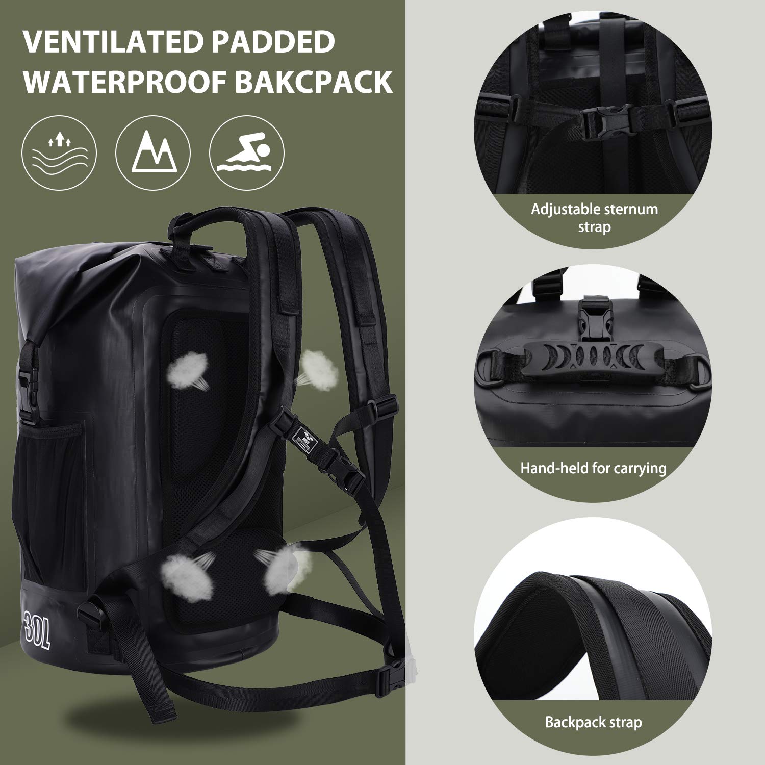 MIER 40L Dry Bag Backpack Waterproof Roll Top Back Pack Dry Sack with Zipper Pocket for Kayaking Swimming Boating Hiking, Floating & Lightweight , Black