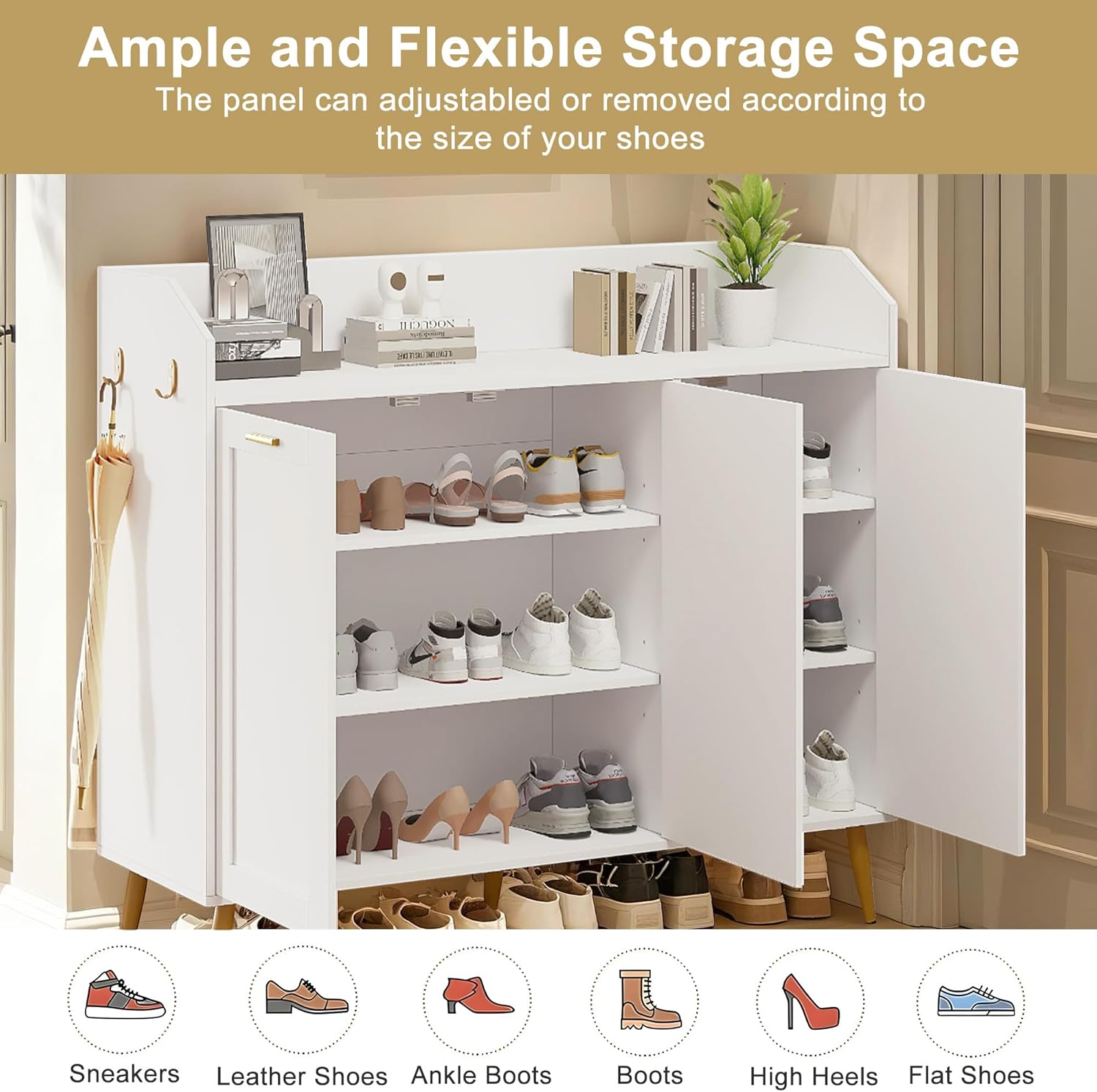 Image showing various shoes stored in the cabinet, including boots on a removed shelf.