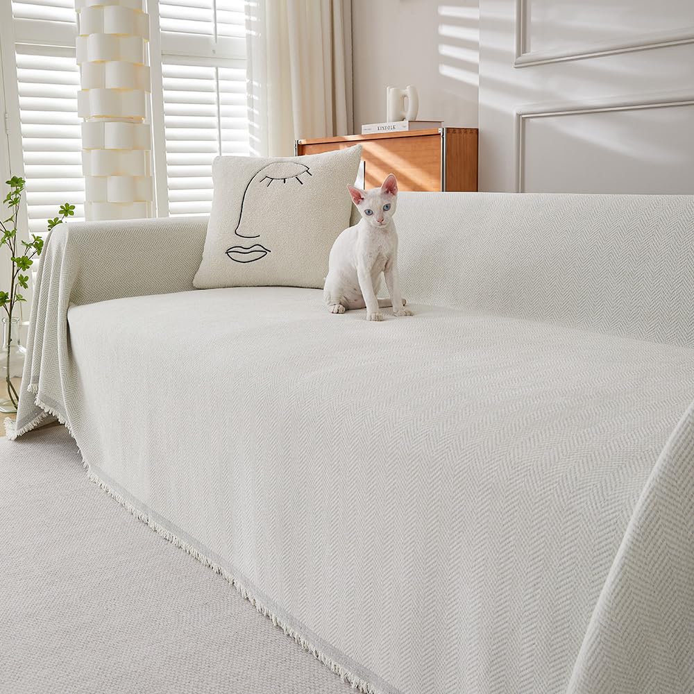 Highdi Funda de Sofá de Chenilla Manta Cubre Sofa Grande para 1 2 3 4 Plazas, Color sólido Mantas Cómoda Cubrecama Protector Sofa Universal para Gatos y Perros Arañazo (180x460cm,Crema)