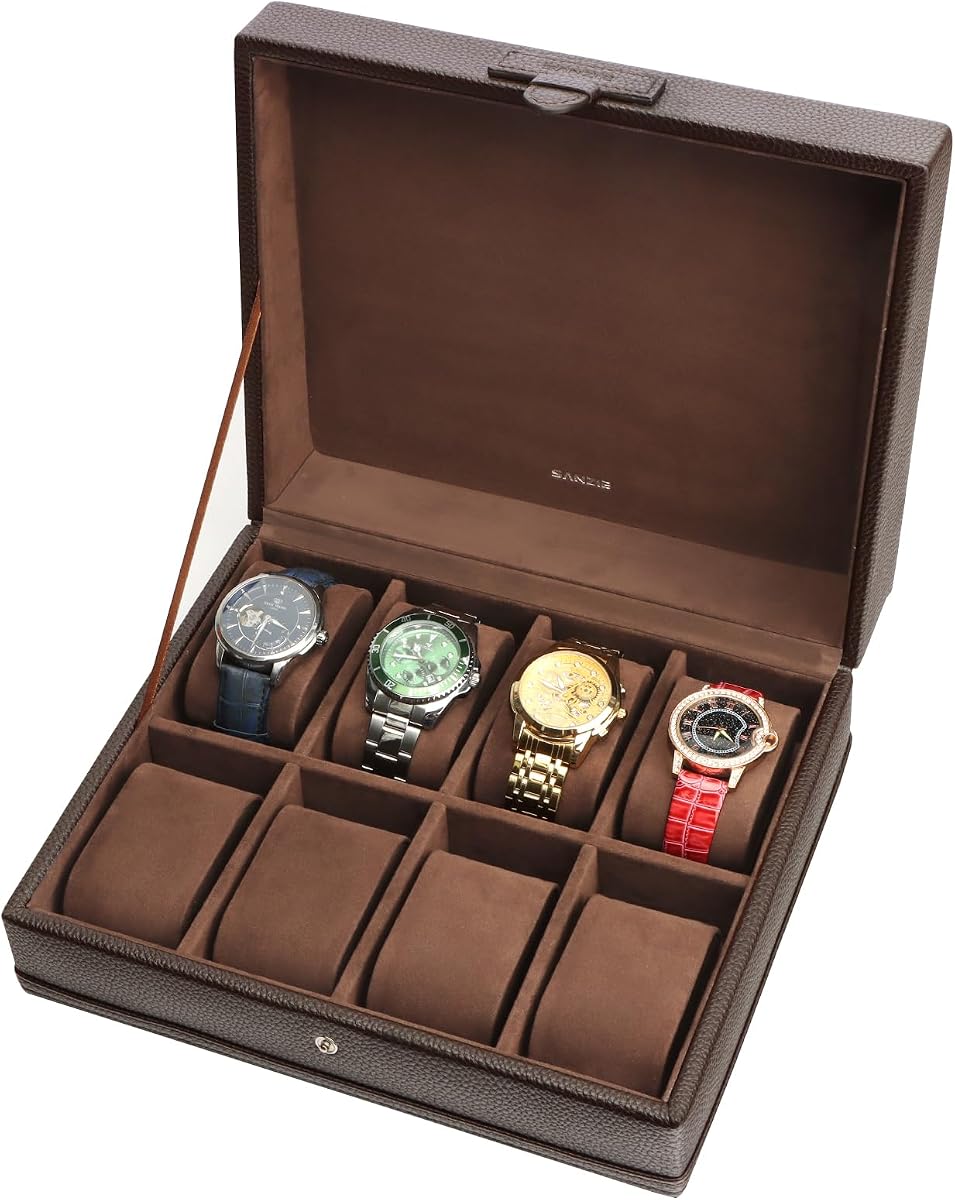 Watch Box, 8-Slot Leather Watch Case Organizer for Men (Brown) | Watch Holder Organizer, Watches Display Case, Removable Pillows, Watch Storage with Grey Lining & Black Synthetic Leather