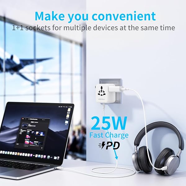 25W Adattatore Universale da Viaggio,5 in 1 Presa Universale da Viaggio con 1 USB A,2 USB C,1 Universale Presa,1 US/JP Presa,Adattatore Spina Internazionale per Italia UK US Australia Tailandia - 3