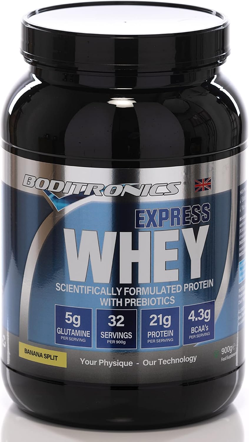 Boditronics Express Whey Protein Powder Muscle Building Powder with Dietary Fibre, BCAA and High Levels of L-Glutamine Prebiotic Mass Gainer Whey Protein Isolate Protein Shakes Banana Split, 900g