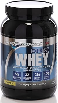 Boditronics Express Whey Protein Powder Muscle Building Powder with Dietary Fibre, BCAA and High Levels of L-Glutamine Prebiotic Mass Gainer Whey Protein Isolate Protein Shakes Banana Split, 900g