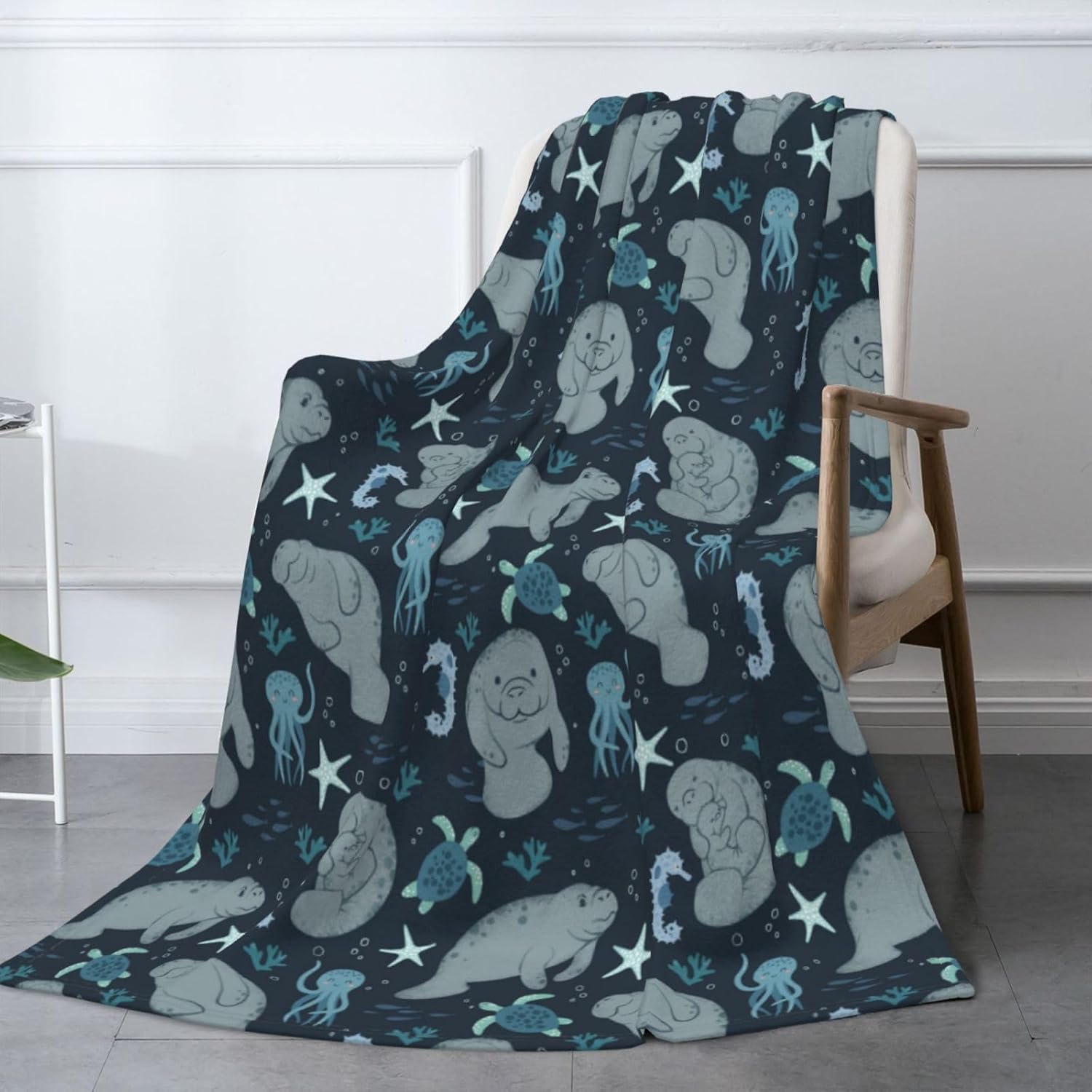 Manatee Throw Blanket - Soft Flannel Fleece Blanket, Lightweight & Cozy Warm Throw for Couch, Bed, Sofa - Cute Sea Cow Design for Adults & Women Men 80"x60"