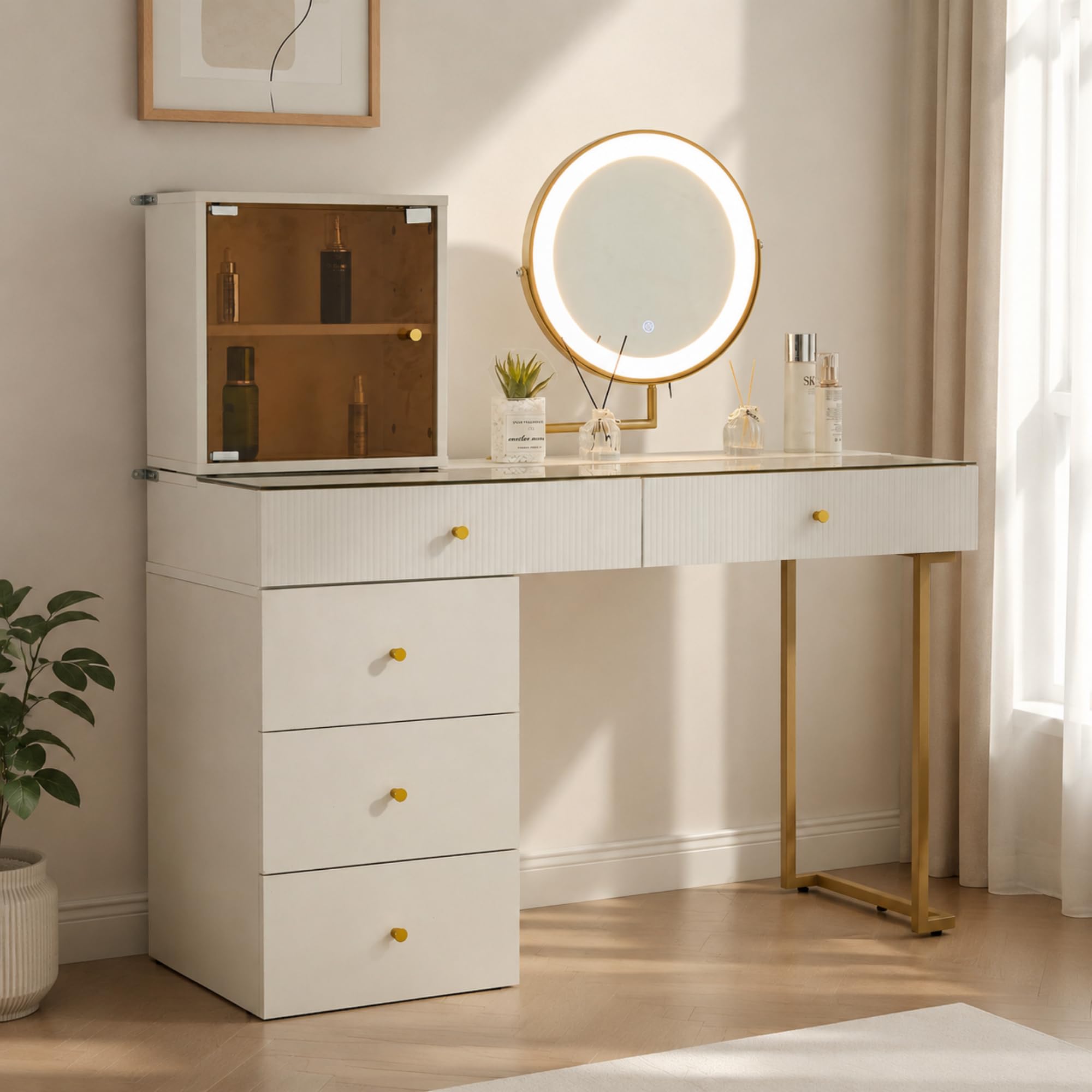 Zestaw toaletki 120 cm z lustrem LED, szklanym blatem, żelazną ramą