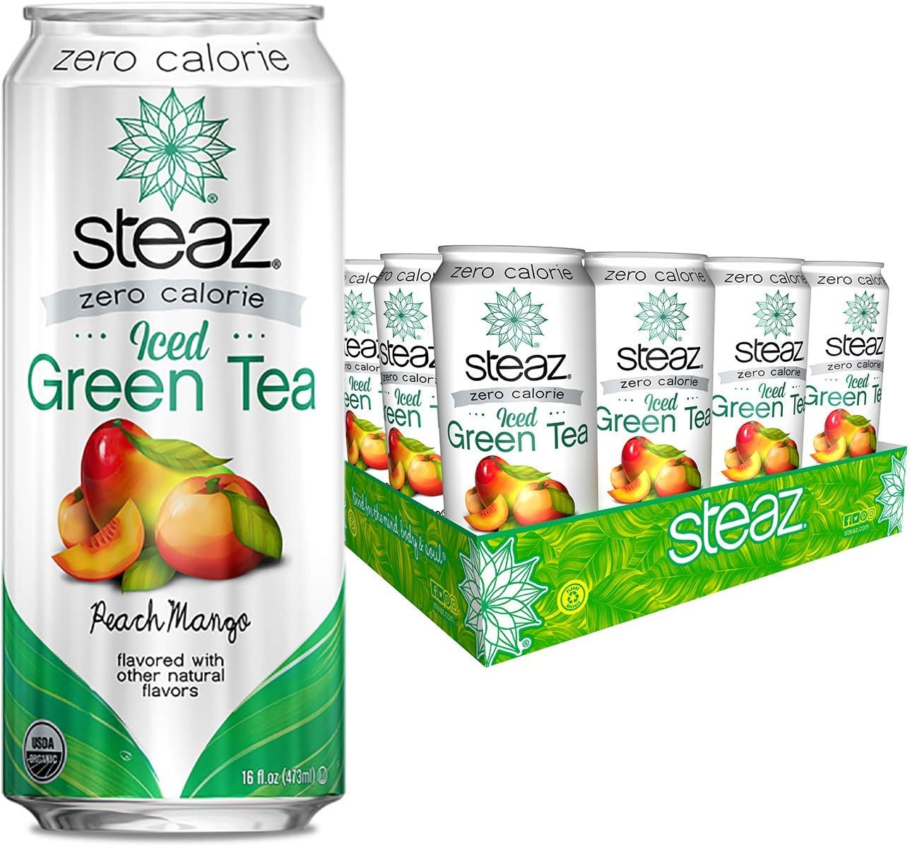 Organic Zero Calorie Iced Green Tea, Peach Mango, 16 OZ (Pack of 12)