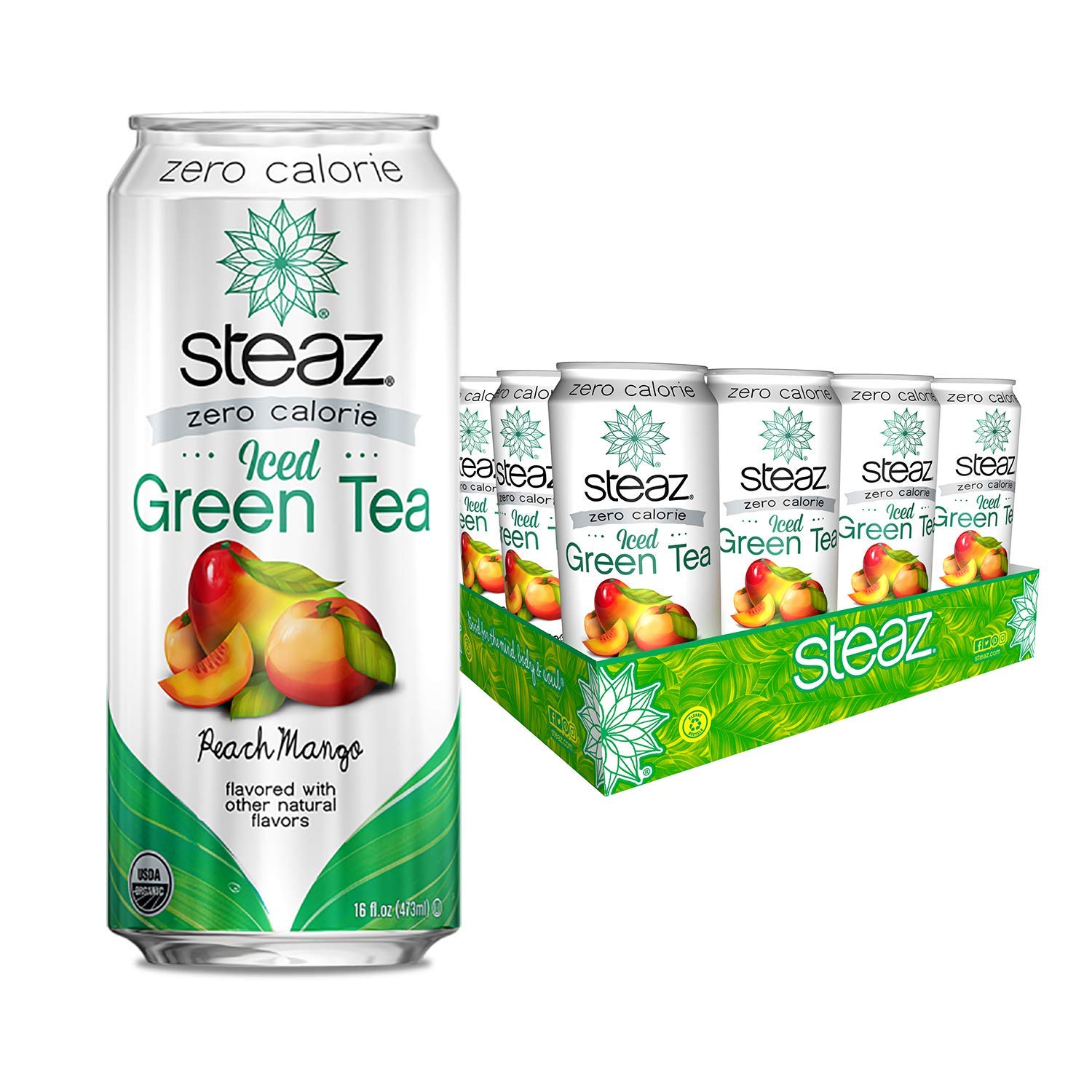 Steaz Organic Zero Calorie Iced Green Tea, Peach Mango, 16 OZ (Pack of 12)