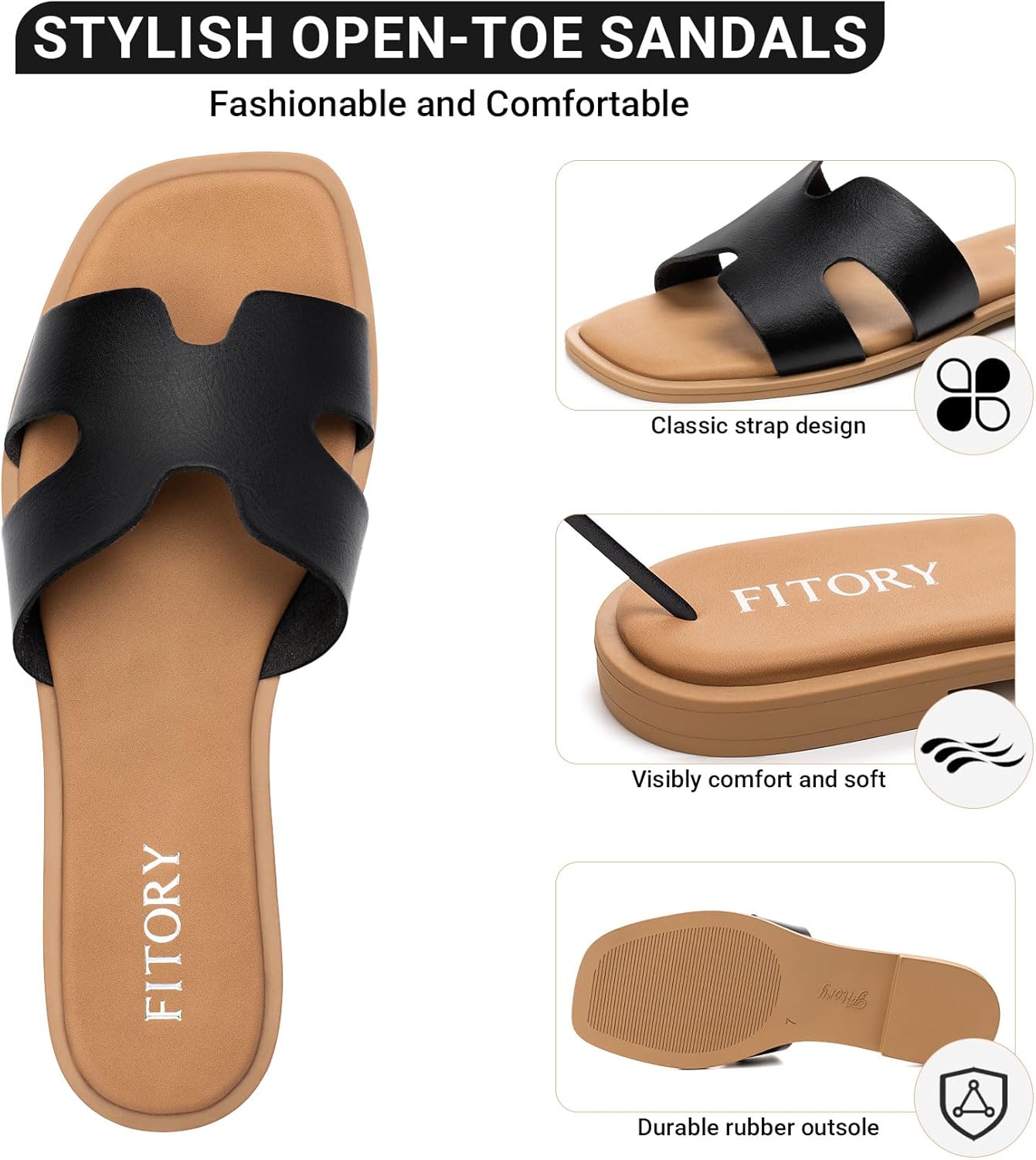 FITORY Women's Slide Sandals, Flat Fashion Square Open Toe with Cushion Slippers for Summer Beach Size 6-11 - Image 4