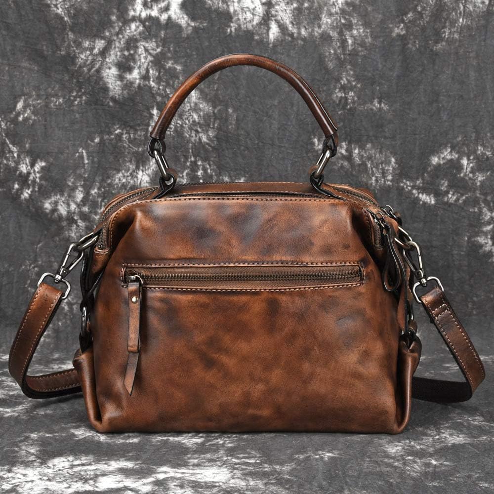 Women's Retro Organizer Genuine Leather Satchel Vintage Embossing Vegetable Tanning Shoulder Bag