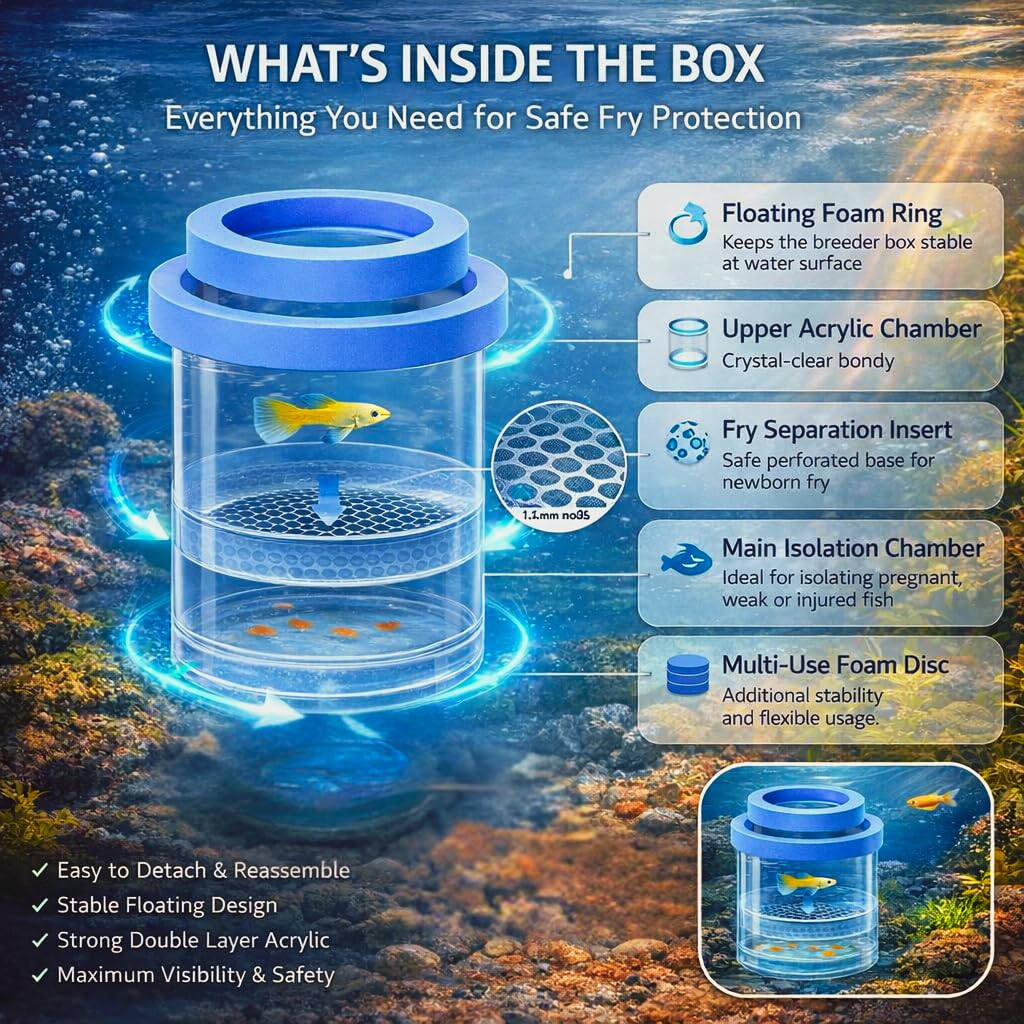 VAYINATO® Floating Fish Breeder Box for Aquarium – 11.5cm Double Layer Isolation Incubator with Foam Collar | Clear Fry Protection Box for Guppy, Betta & Small Fish 3