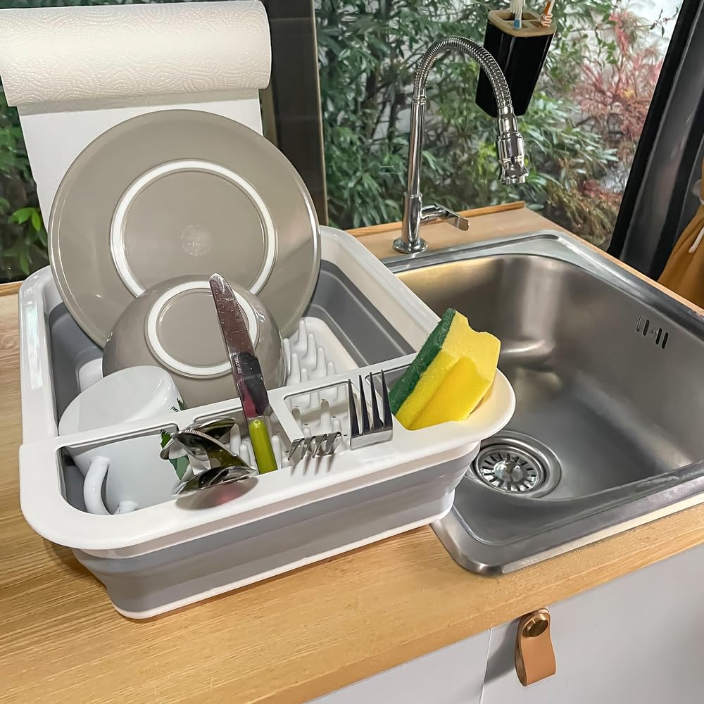 hjh OFFICE drainer rack CLEAN SIL, silicone, foldable for dishes and cutlery space-saving drainer tray, grey/white, 924000 - Image 4