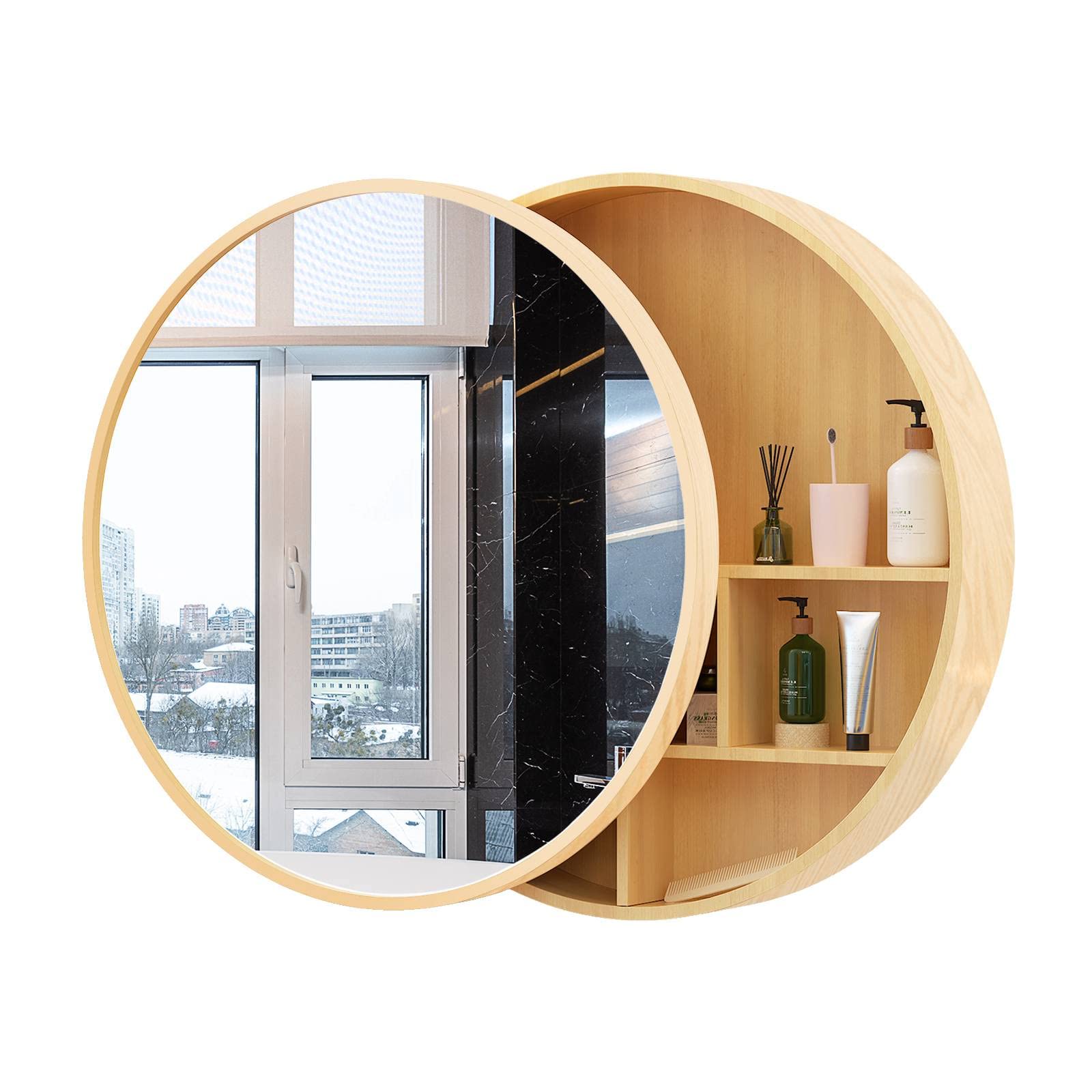 Bathroom mirror Round Cabinet Round mirror cabinet bathroom wood， Cosmetic with mirror cabinet cabinet 2 in 1，Fashion and simplicity, unique style.(wood color, 60CM)