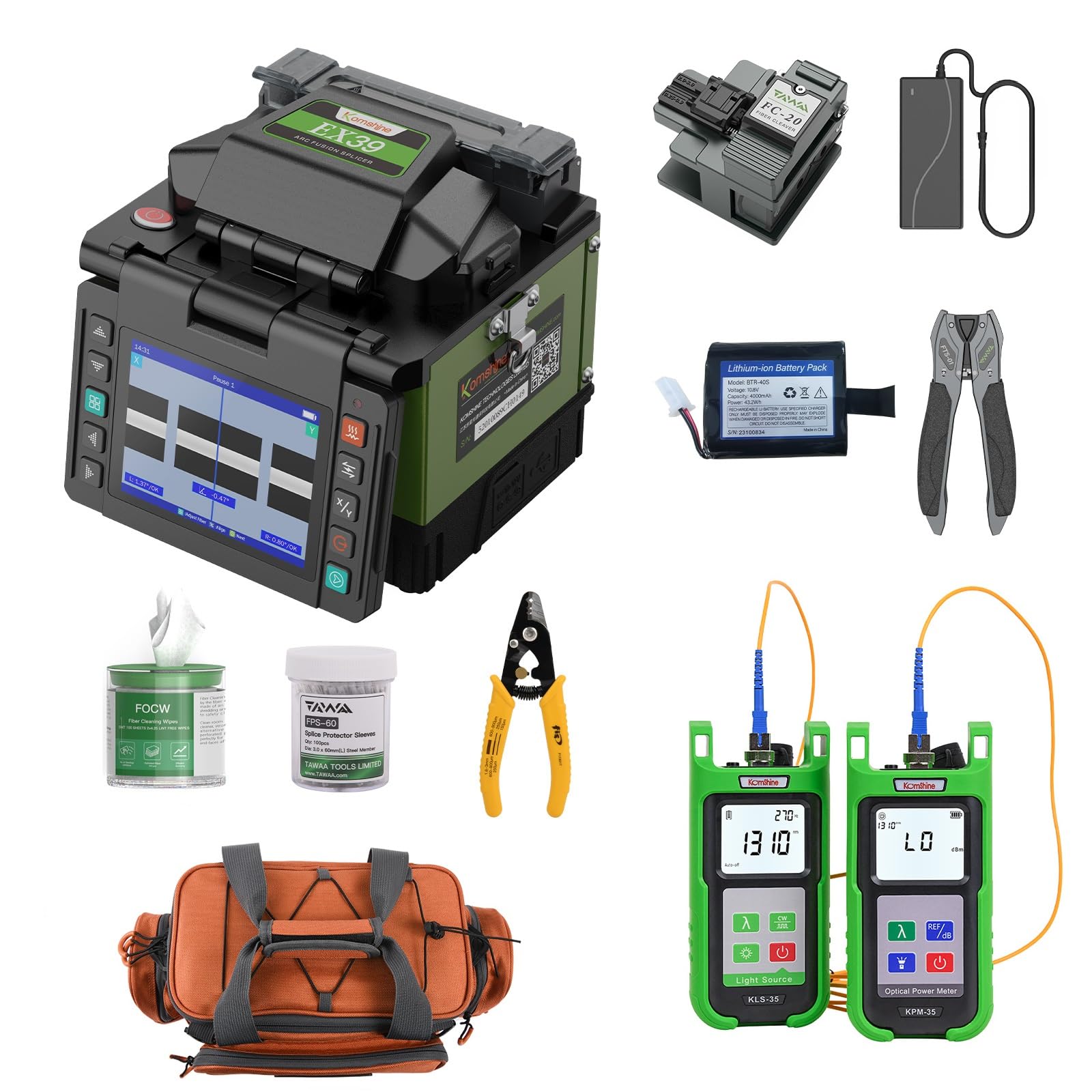 Komshine Optical Fusion Splicer EX39 FTTH Mini Fiber Fusion Splicer Machine Kit 8s Fast Splicing Fast-Heating 18s with Fiber Cleaver FC-30 + KPM-35-70+10dBm + 7 Wavelengths + KLS-35-S 1310 1550nm