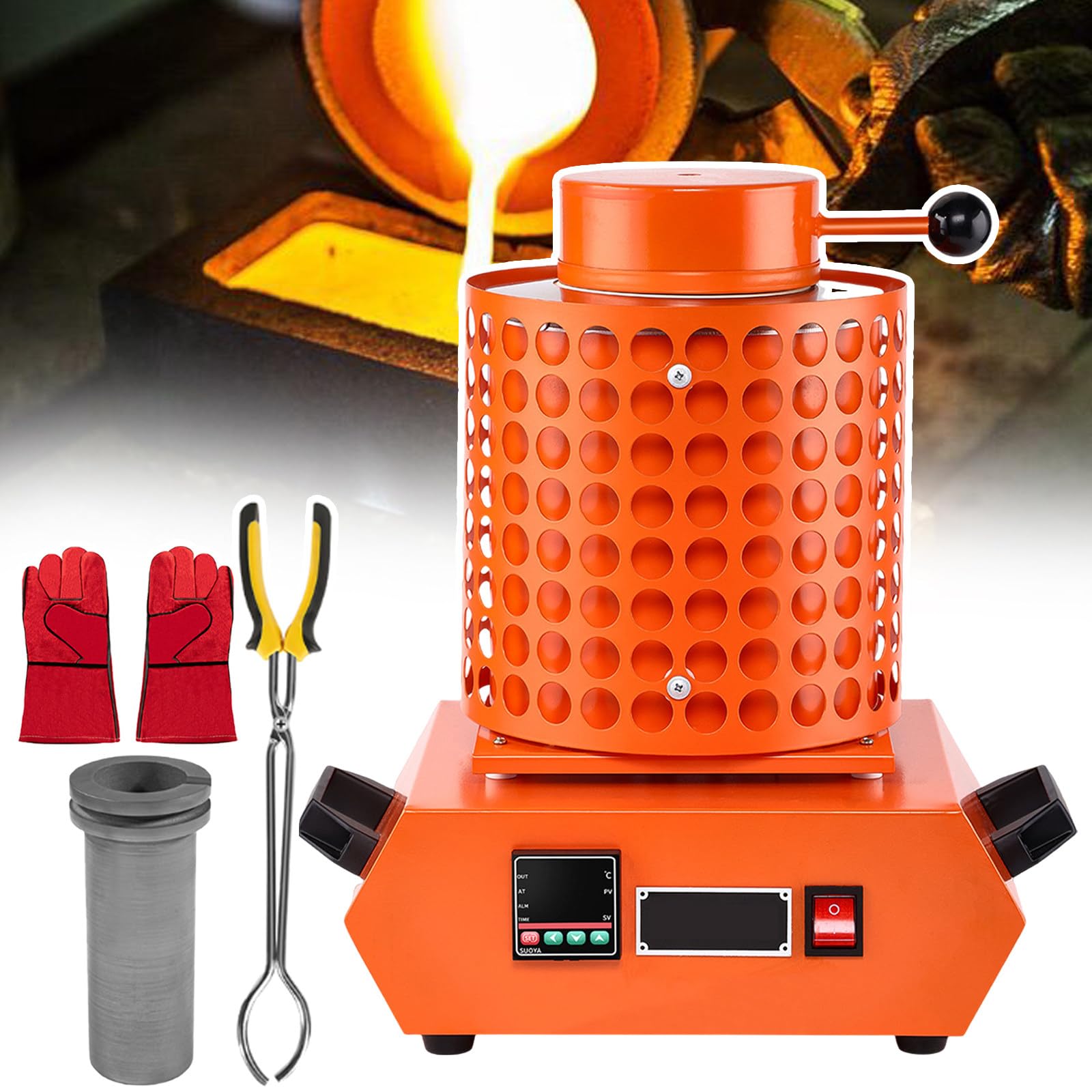 Horno Fundición Oro,1150 ℃ Con Kit Horno Fundición Red Aislamiento,Manija Acero Inoxidable,Pantalla Control Temperatura,Con Crisol Grafito,Guantes Aislantes Del Calor,Pinzas Crisol orange-2kg