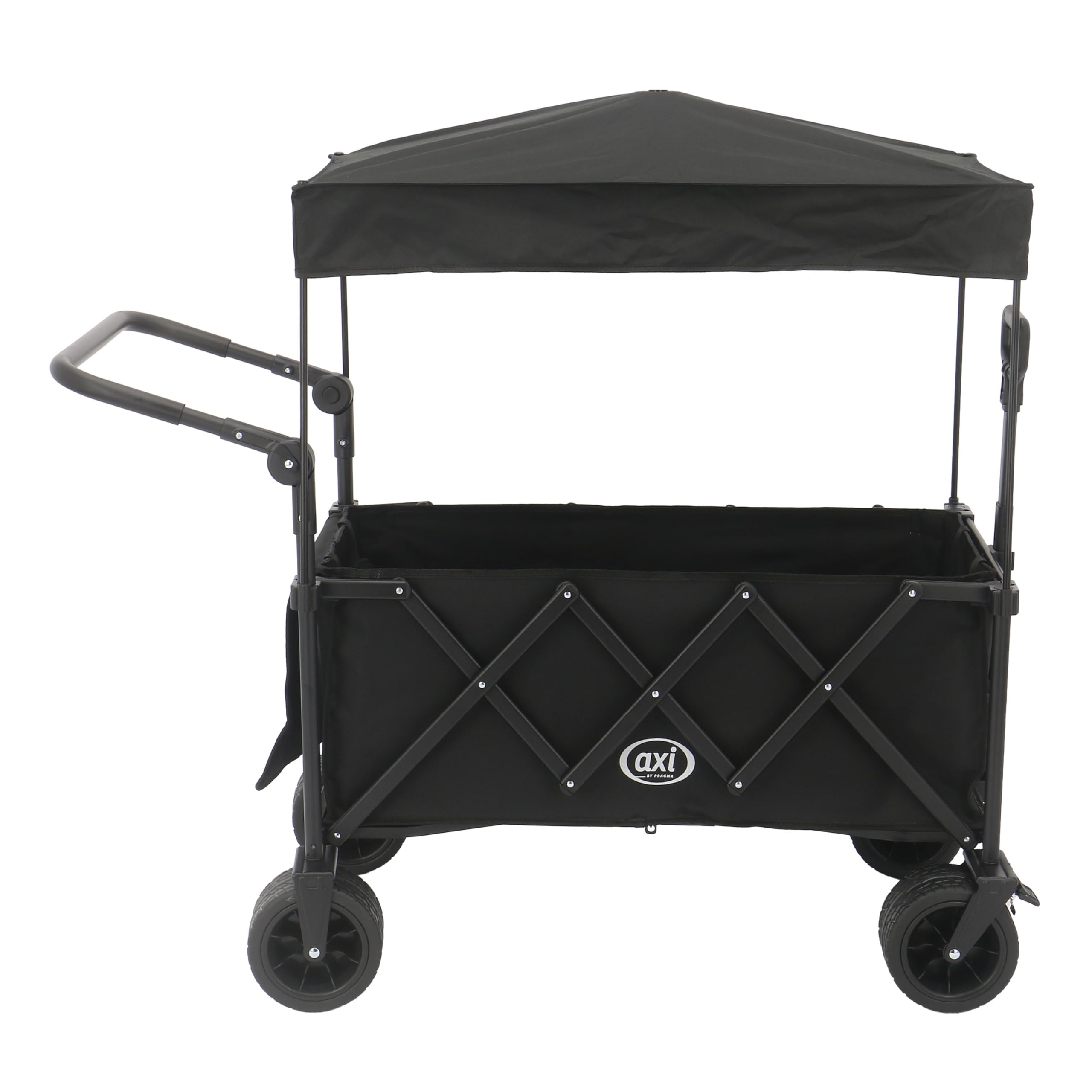 AXI SB221 Faltbarer Bollerwagen mit Dach in Schwarz | Handwagen Klappbar/Faltbar mit Zug- & Schiebestange, Gurt, Hülle, & Getränkehalter - PP Gummireifen | Kapazität: 130 l