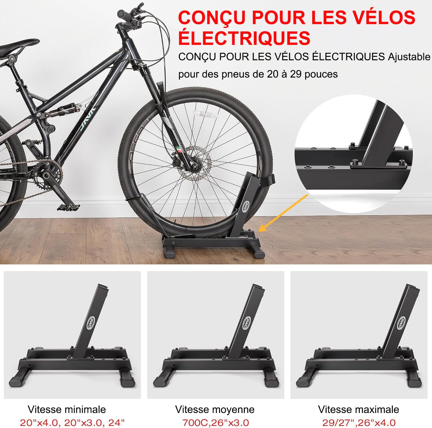 CXWXC Support de vélo de garage - Support de sol pour vélos de 20 à 29 pouces - Largeur des pneus 10,2 cm - Support de vélo électrique durable et peu encombrant