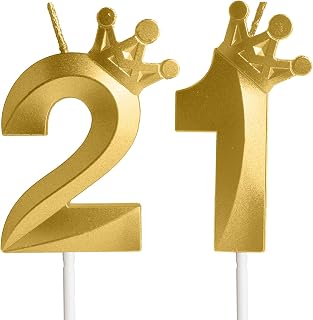 Gold Number 21 Birthday Candle With Crown, Cake Candles, Crown Happy 21 Birthday Candles Cake Topper Decorations for Girls Boys Birthday Anniversary Party