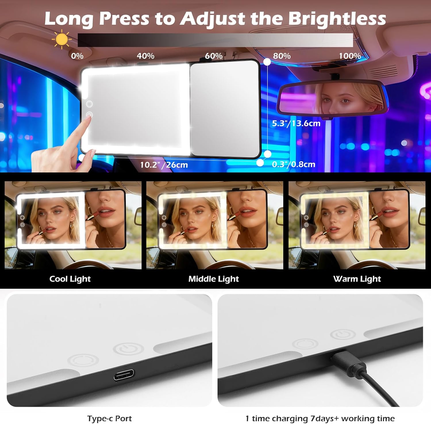 Large 2-in-1 Led Car Vanity Mirror with 20X Strong Magnification,10" Sun Visor Mirror with 3-Color Dimmable Rechargeable LED Lights,Car Makeup Mirrors with Secure Reinforced Flexible Mount