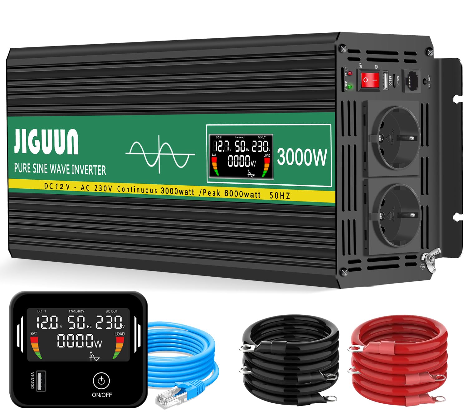 JIGUUN 3000W 6000W Wechselrichter Spannungswandler 12V auf 230V Reiner Sinus mit LCD-Anzeige,5M Fernbedienung,2 EU Steckdosen,1 USB,Geeignet für Wohnmobil,Camper,LKW