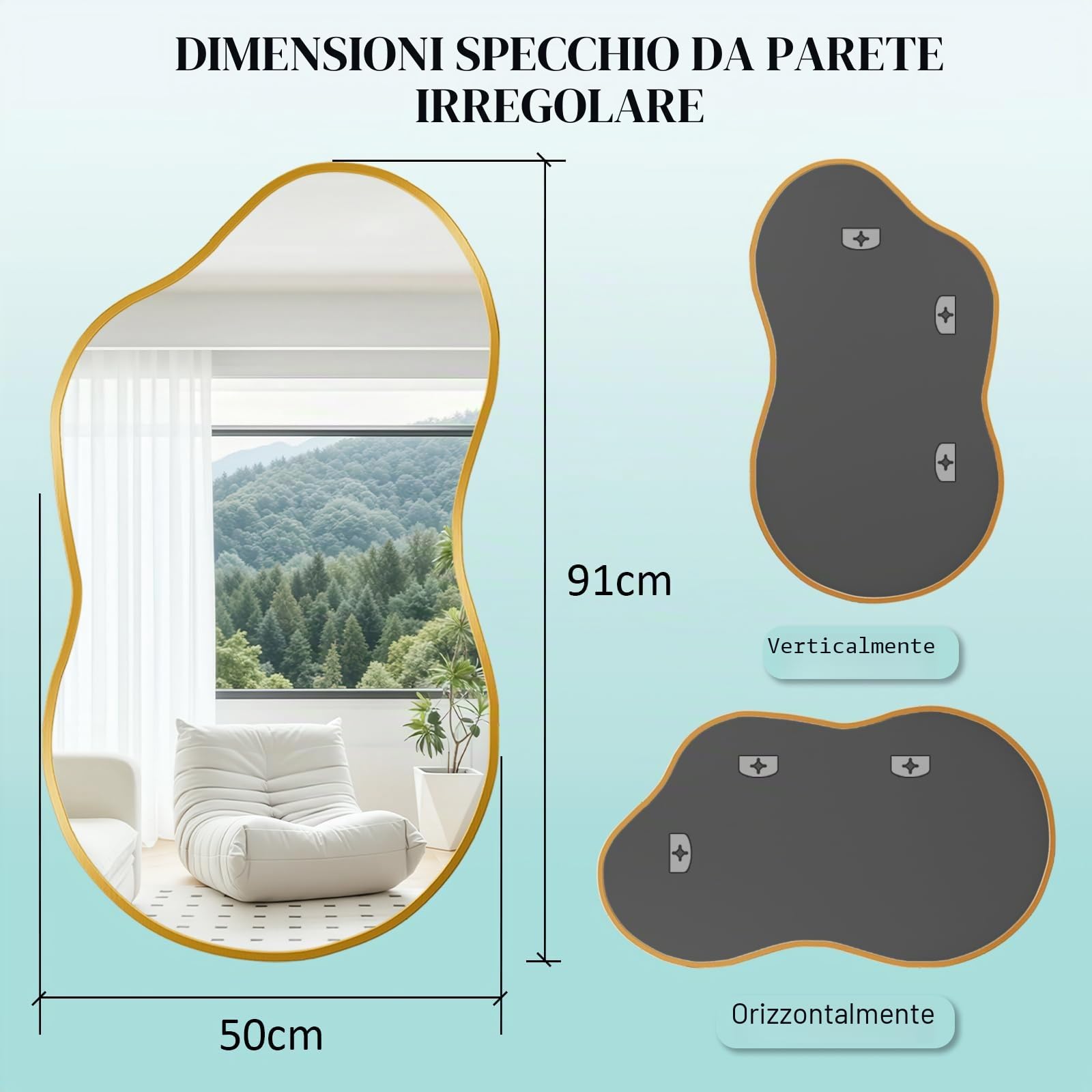 Clevich Specchio asimmetrico 50 x 91cm, Specchio da Parete Decorativo Con Cornice InAlluminio, sottile design moderno, per Soggiorno, Ingresso, Camera da Letto, Corridoio Specchio da Appendere