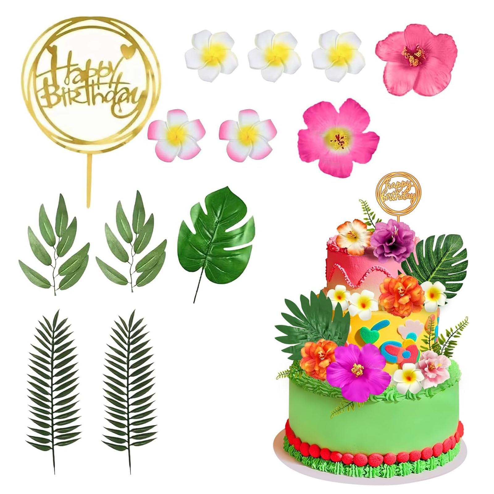 Hawaiian Cake Decorations Set, Tropical Cake Toppers, Palm Leaves and Hibiscus Flower, Tropical Cake Topper for Luau Party Supplies and Summer Birthday Cake Decor