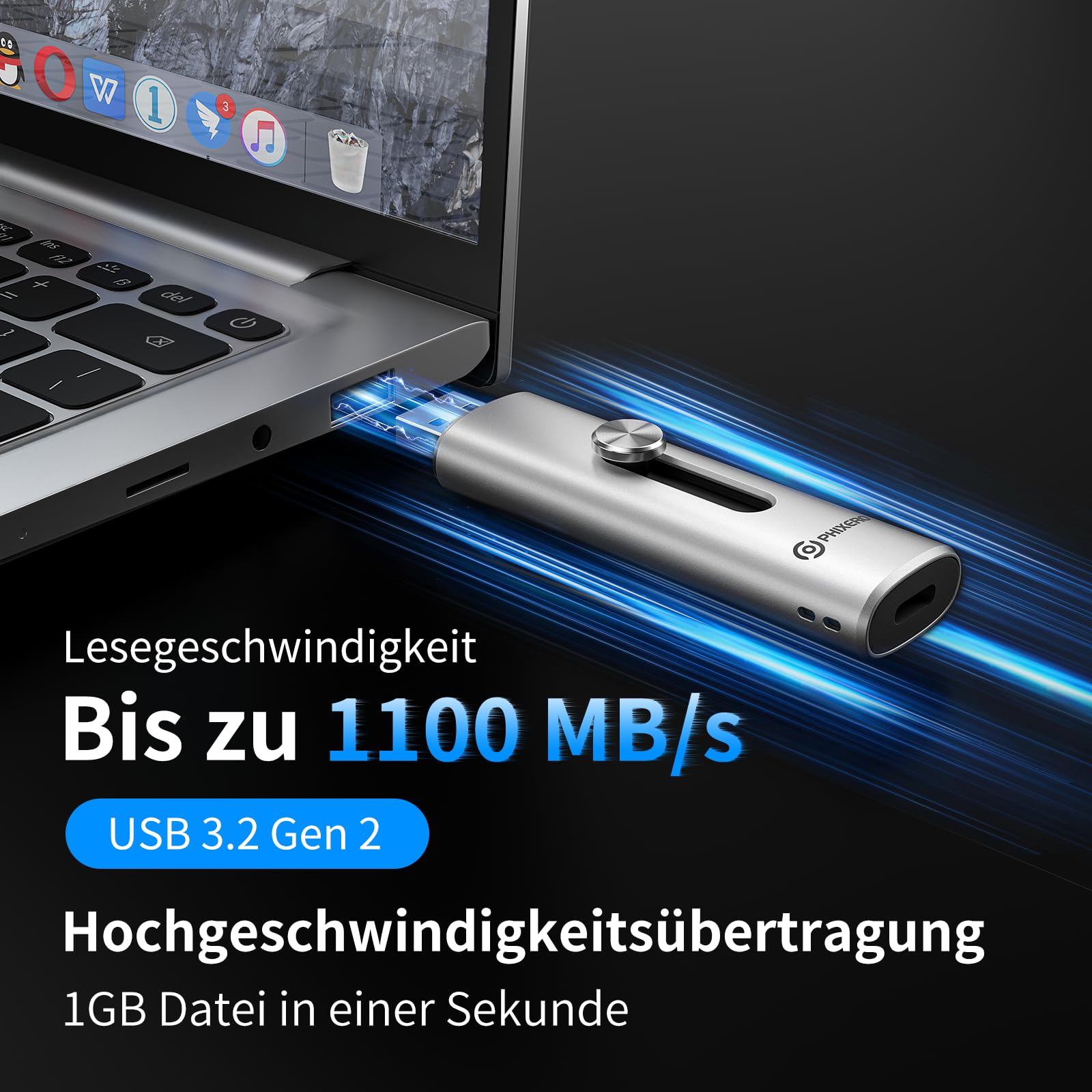 PHIXERO SSD externe 1 To, 1100 Mo/s, USB C Portable SSD pour iPhone 16/ordinateur portable/Mac
