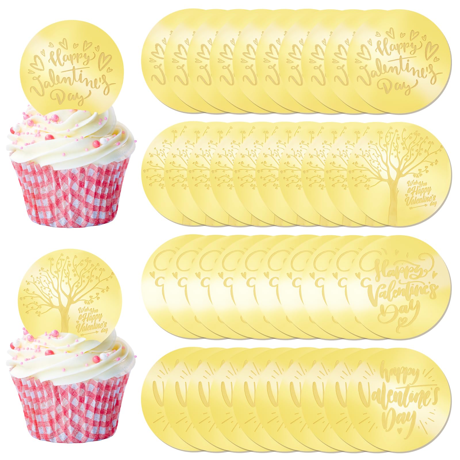 URROMA Valentine Gold Cupcake Toppers, 40Pcs Reflective Round Cake Dics Acrylic Cake Signs Mirror Cake Charms for Valentine's Day Gift Decor