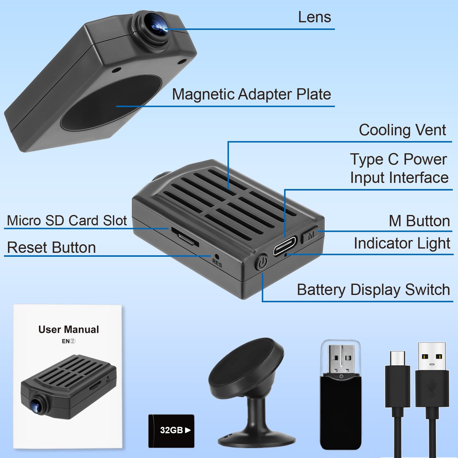 Mini Telecamera Spia, Telecamera Nascosta 1080P con Monitoraggio del Movimento, Registrazione Video e Audio, Batteria a Lunga Durata da 3 ore, Niente WiFi