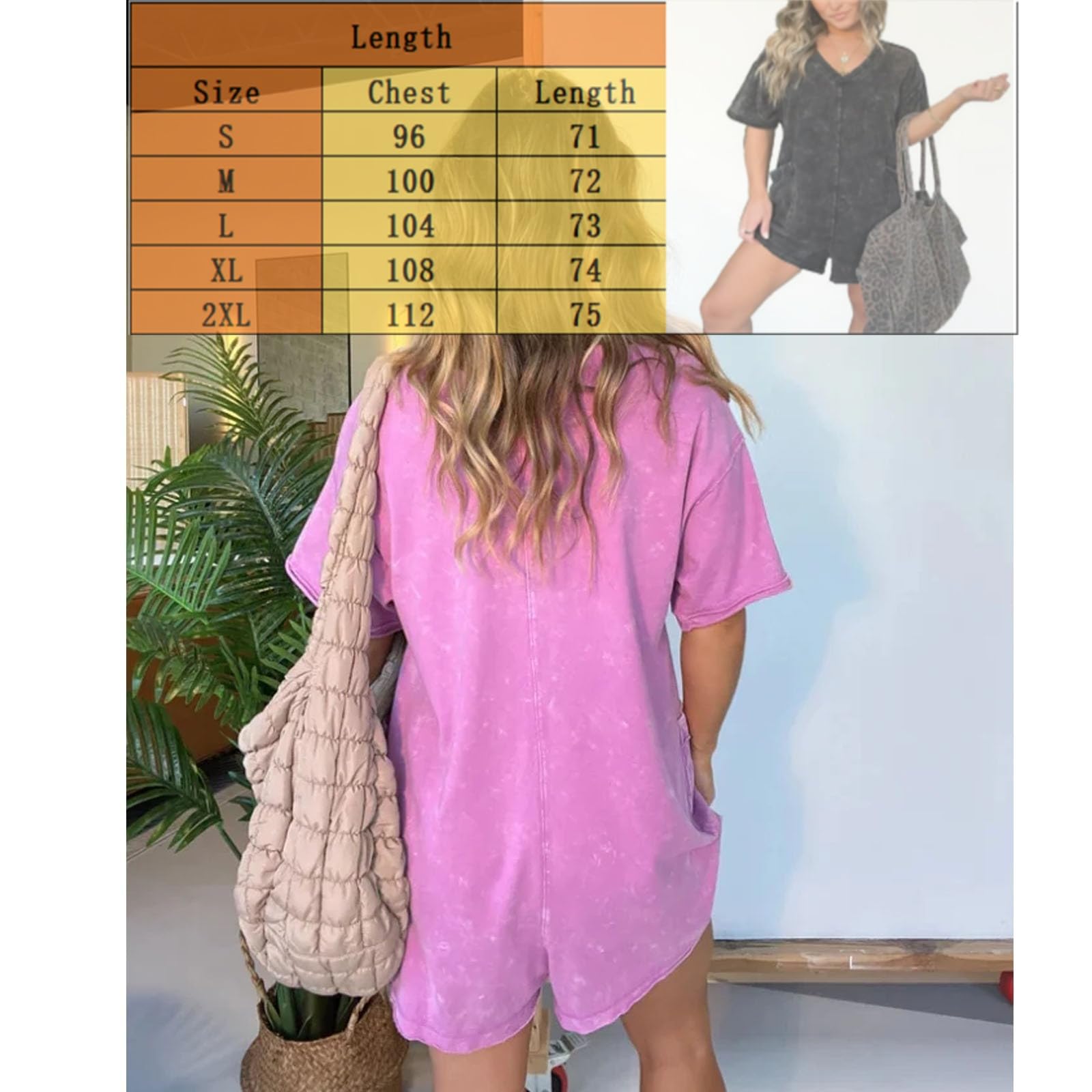 Générique Combishort décontracté pour femme, effet délavé minéral et poches — Combishort style T-shirt pour l'été, coupe oversize, idéal pour le sport et l'entraînement.