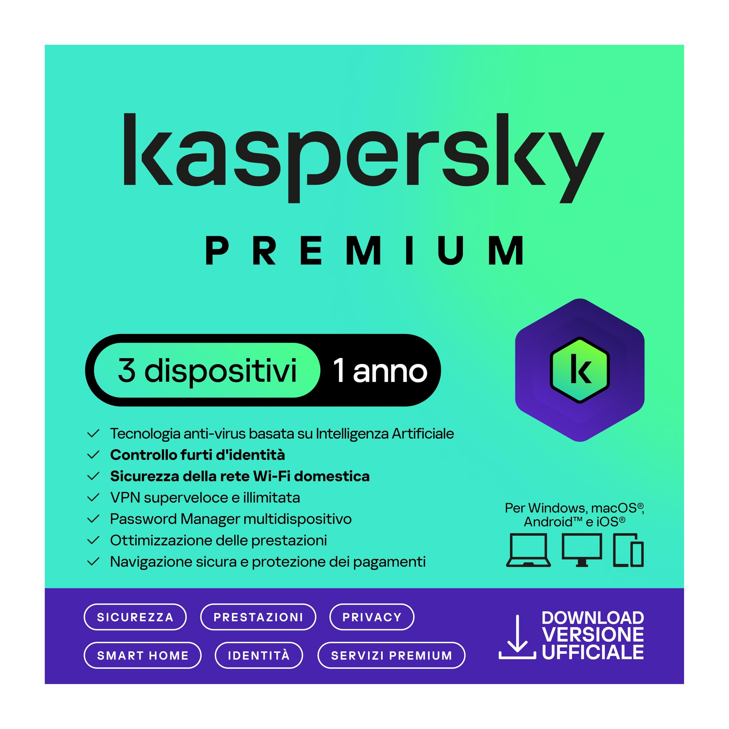 nextradeitalia Kaspersky Premium 2024 PC/Mac/Android/iOS -1 Anno- 3 DISPOSITIVI