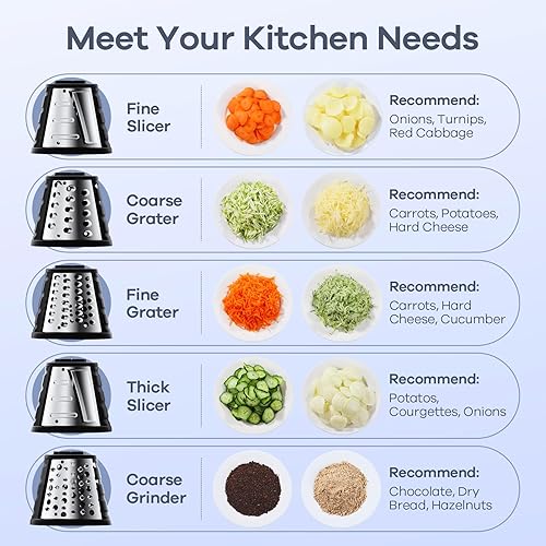 Miniatura 3 de Ganiza Rallador eléctrico 5 en 1 para cocina, triturador de queso máximo de 250 W, 5 cuchillas intercambiables, cortador eléctrico para