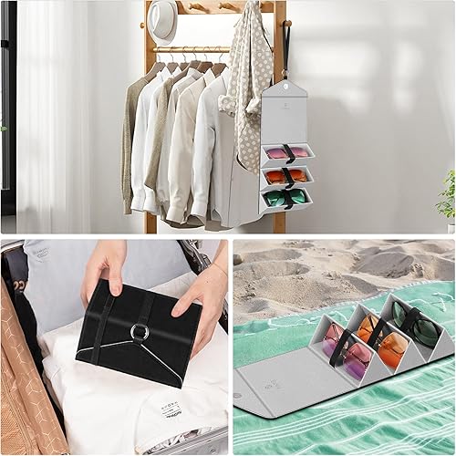 Miniatura 6 de Fintie Estuche organizador de lentes de sol con 3 ranuras, estuche de viaje para lentes de viaje, caja plegable para mujeres y hombres, color negro,
