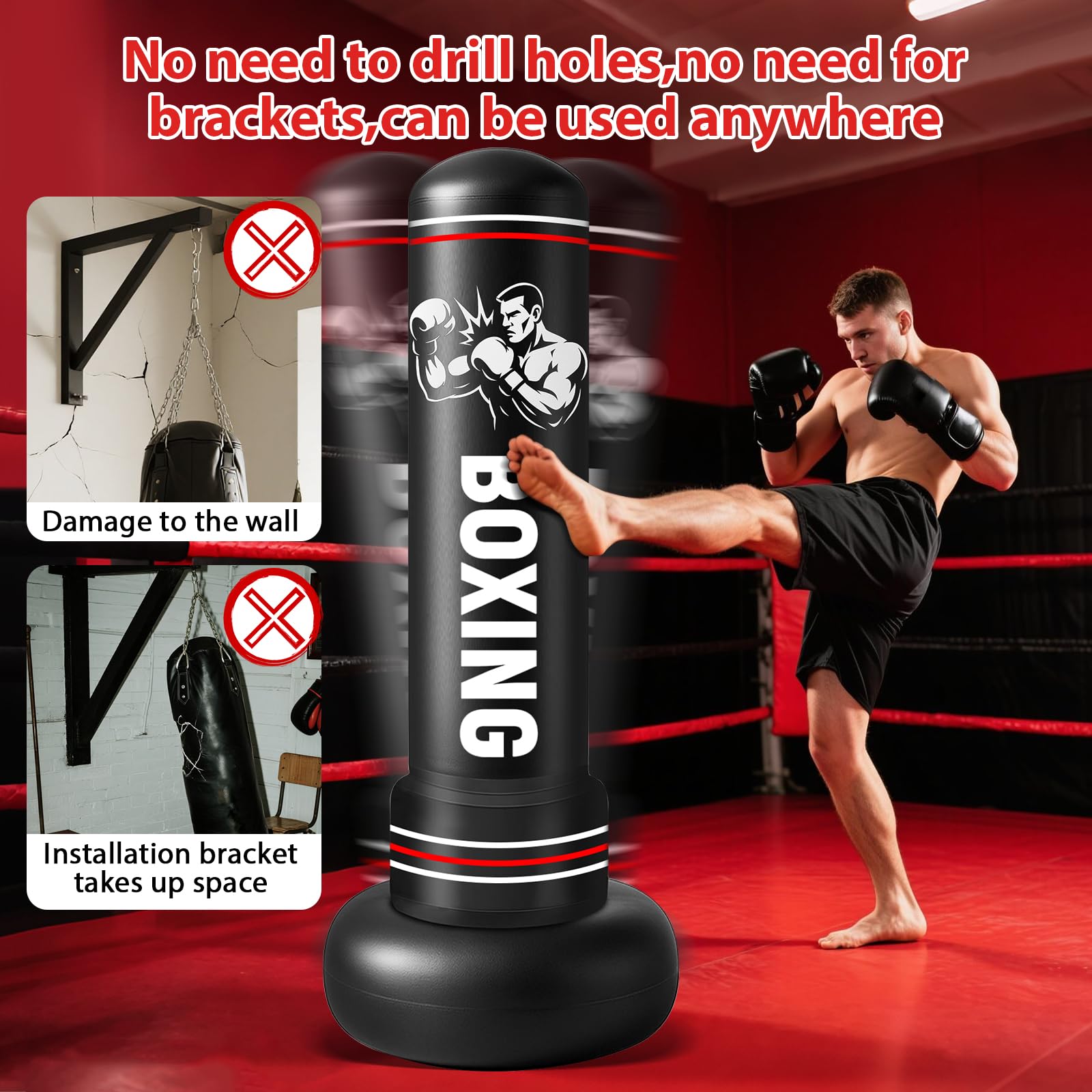 Saco de Boxeo Adultos, 190cm Sacos de Boxeo de Pie on Guantes y Bomba de Aire, Punching Ball Inflable Entrenamiento para Karate, Kickboxing, PVC Fitness Boxeo Regalo Ideal