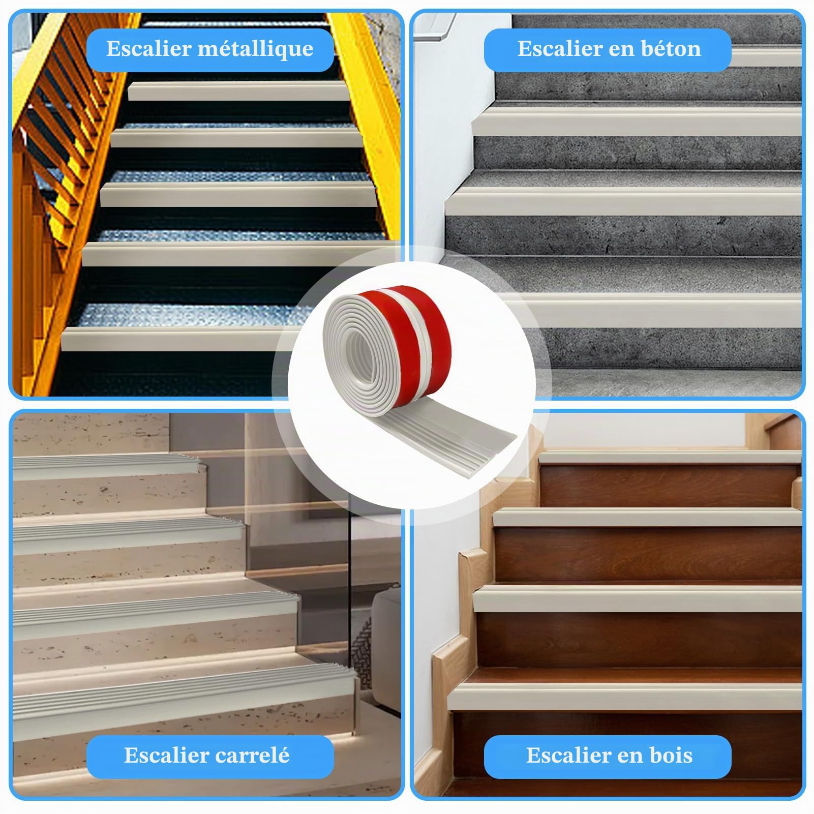 Nez de marche autocollant 8 m, profilé de transition antidérapant, protection des nez de marche, en caoutchouc flexible, pour l'extérieur et l'intérieur, gris