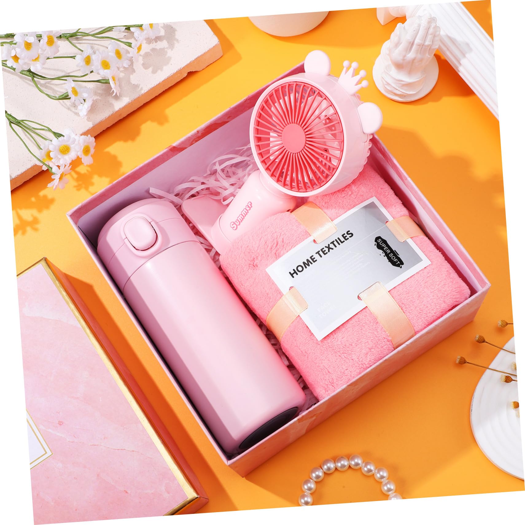 LABRIMP Care Package Kit z Termicznym Kubkiem Ręcznikiem i Wentylatorem Ręcznym Praktyczny Prezent Urodziny i Otwarcie Elegancki Kosz Upominkowy dla Kobiet Podróże i Święta