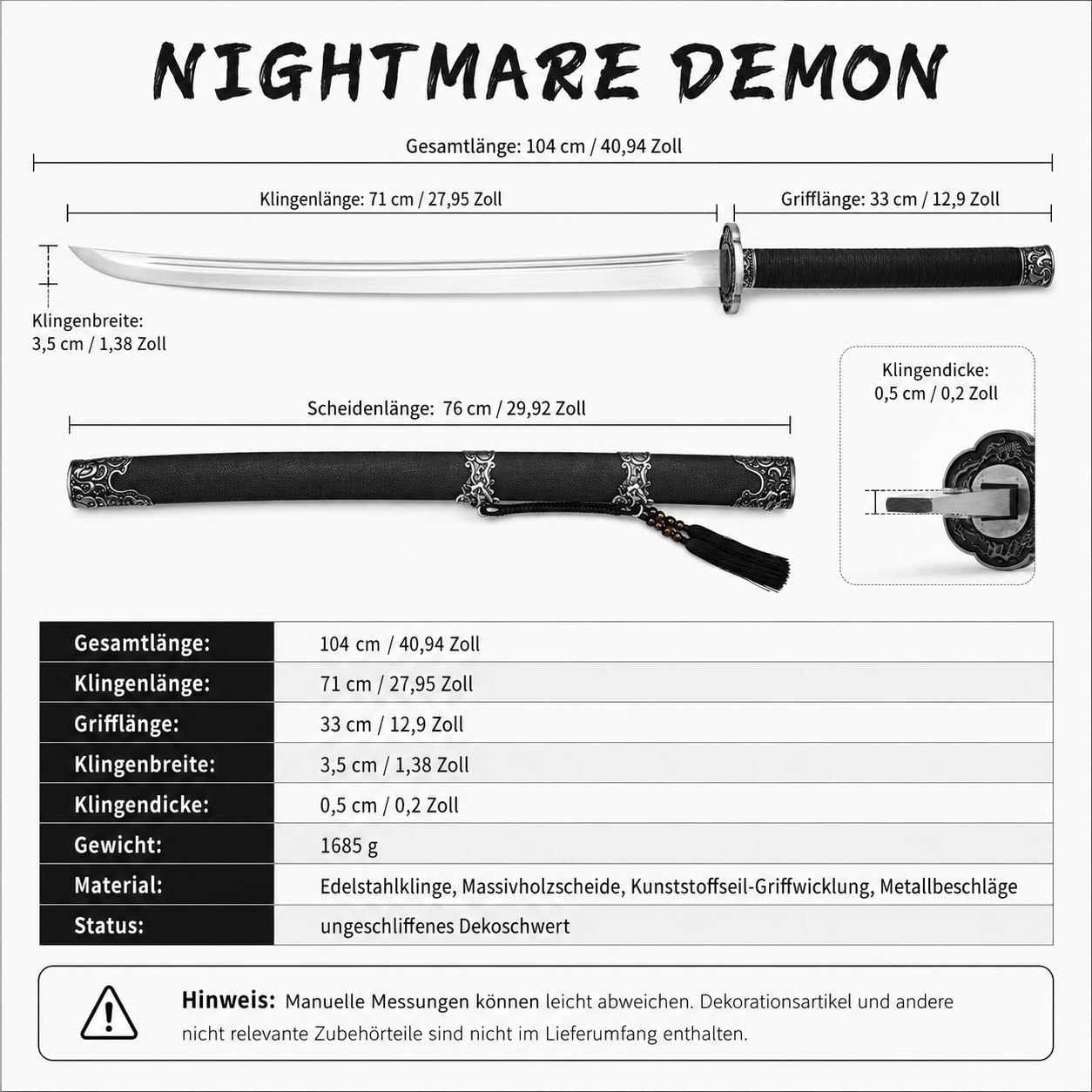 Katana Samuraischwert 104cm Nicht geschärft – Deko Schwert aus Edelstahl mit schwarzer Holzscheide, Japanisches Dekoschwert für Sammler, Cosplay, Anime Deko & Geschenk