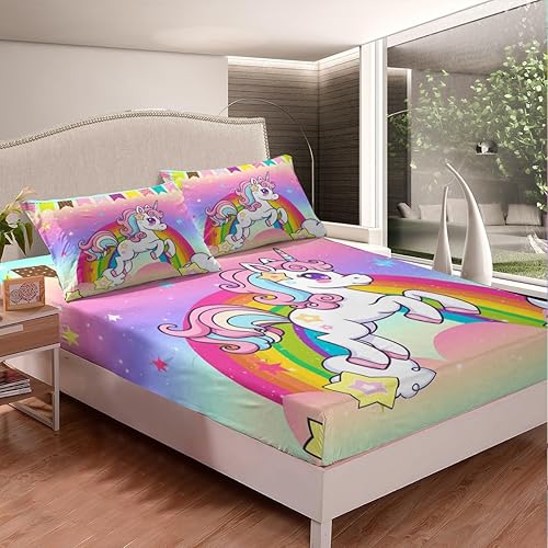 Miniatura 3 de Erosebridal Juego de sábanas de unicornio para niñas y niños pequeños, juego de sábanas con estampado de unicornio y arco iris, juego de sábanas