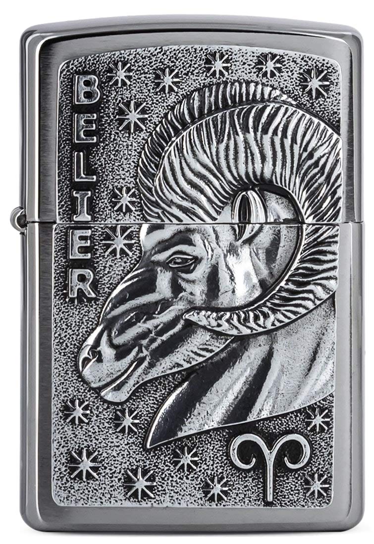 Zippo Storm Lighter, Zodiac - Belier, Brushed Chrome, Emblem, Refillable, Reusable, Windproof Design, Gift Box, Made in the USA