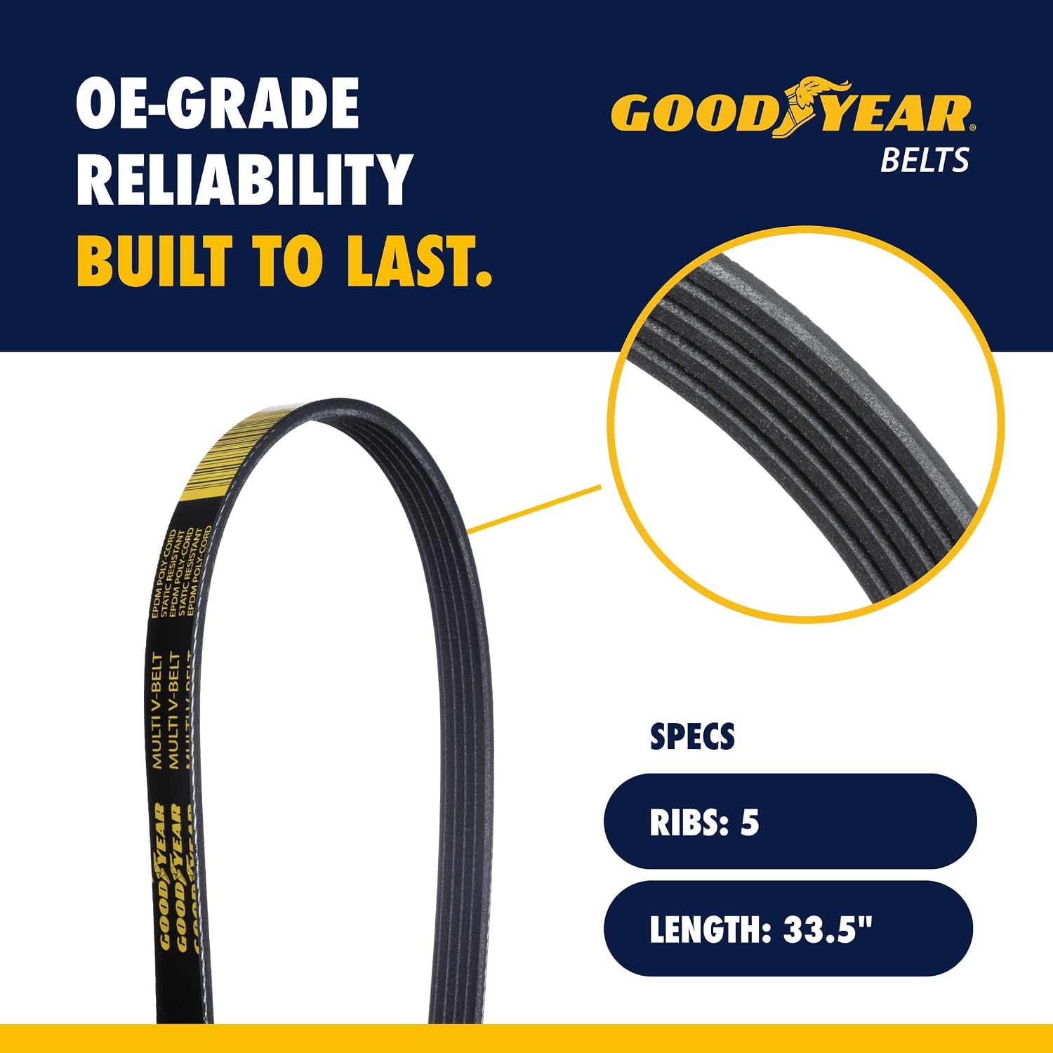 Goodyear Belts 1050335 Serpentine Belt - 5-Rib - 33.5" for Nissan Quest (1999-02), Volvo V50 (2005-11), Volvo S40 (2004-12)