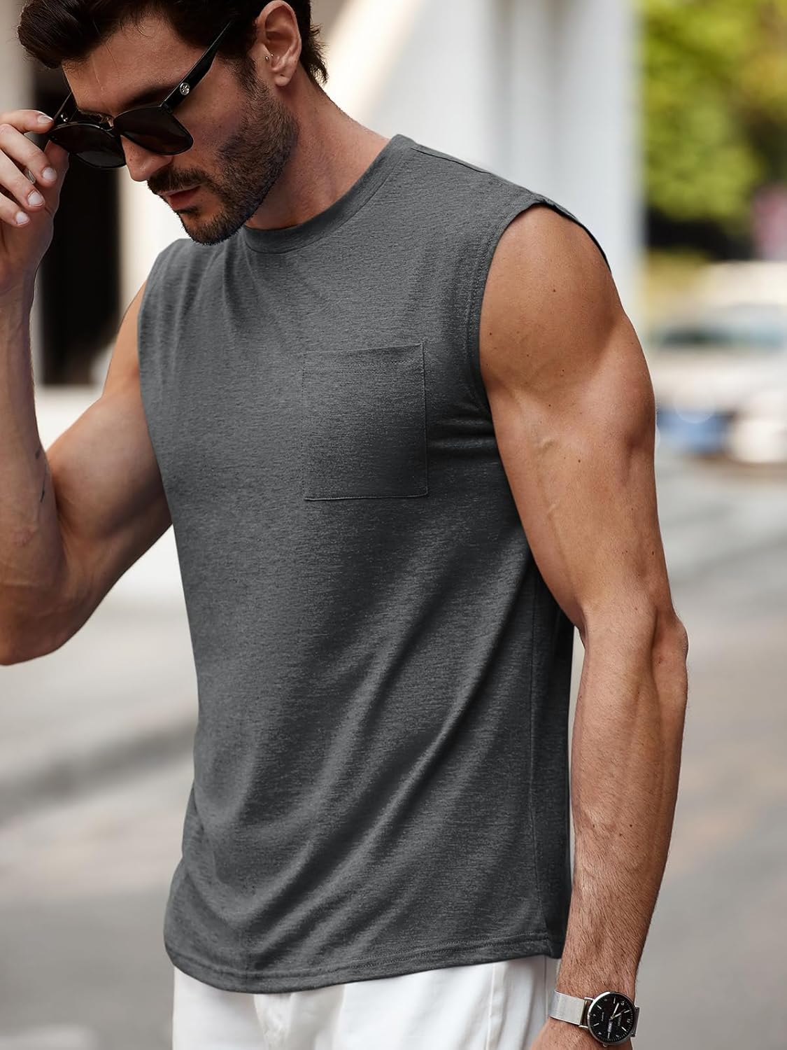 Runcati Mens Sleeveless Tank Tops Workout Cut Off Muscle Shirts Gym Casual Beach Summer Tee with Pocket - Image 3