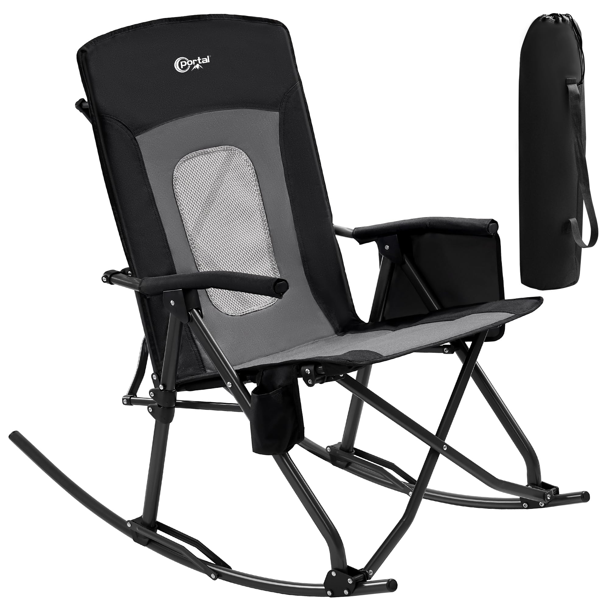 PORTAL Oversized Folding Rocking Camping Chair Portable Outdoor Rocker with High Back Hard Armrests Carry Bag, Supports 400 lbs, Mesh Back