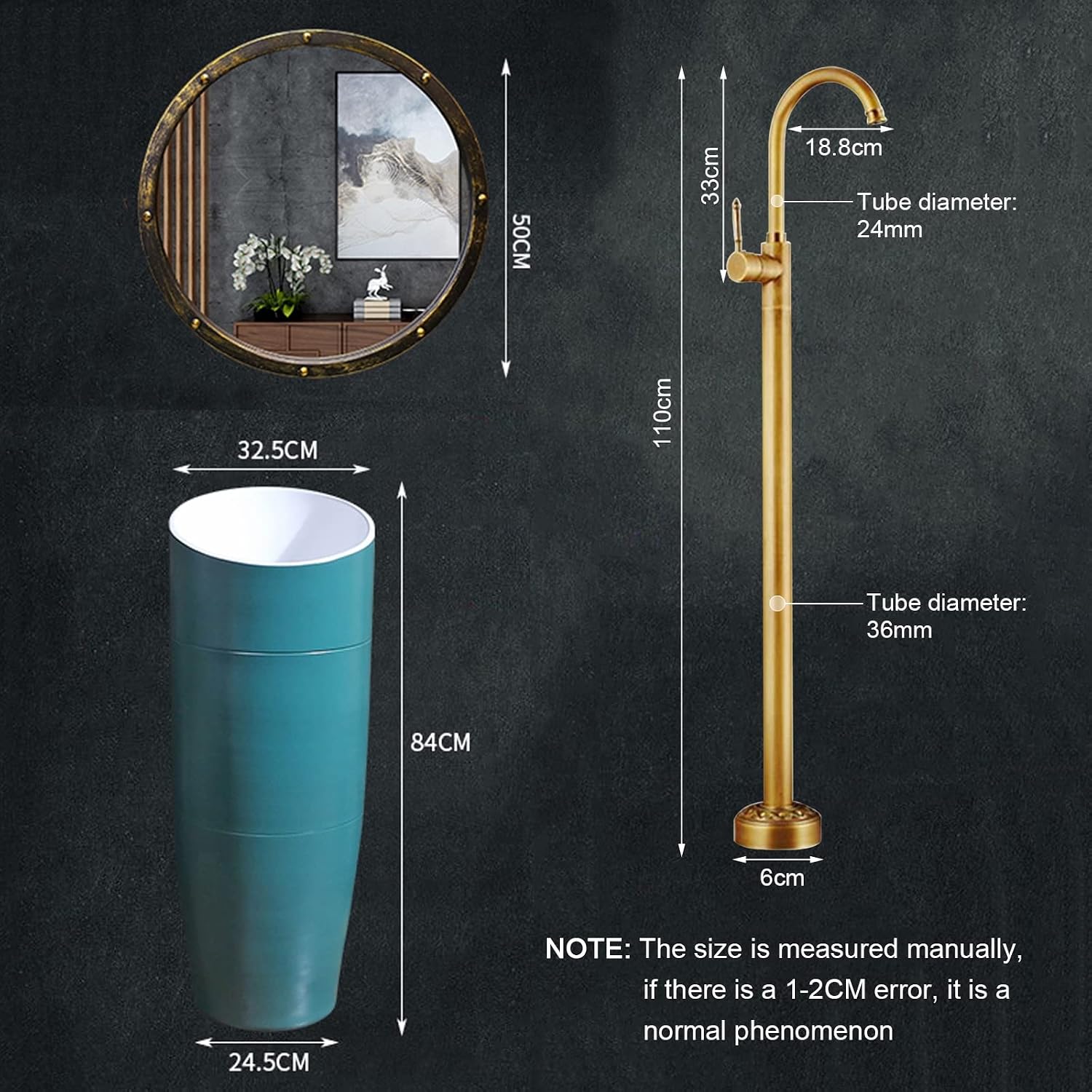 Pedestal Sink 16"X16" Bathroom Basin Sink, Kaolin Clay Pedestal Sink Round Freestanding Sink for Indoor and Outdoor,A,with Mirror (E Without Mirror)