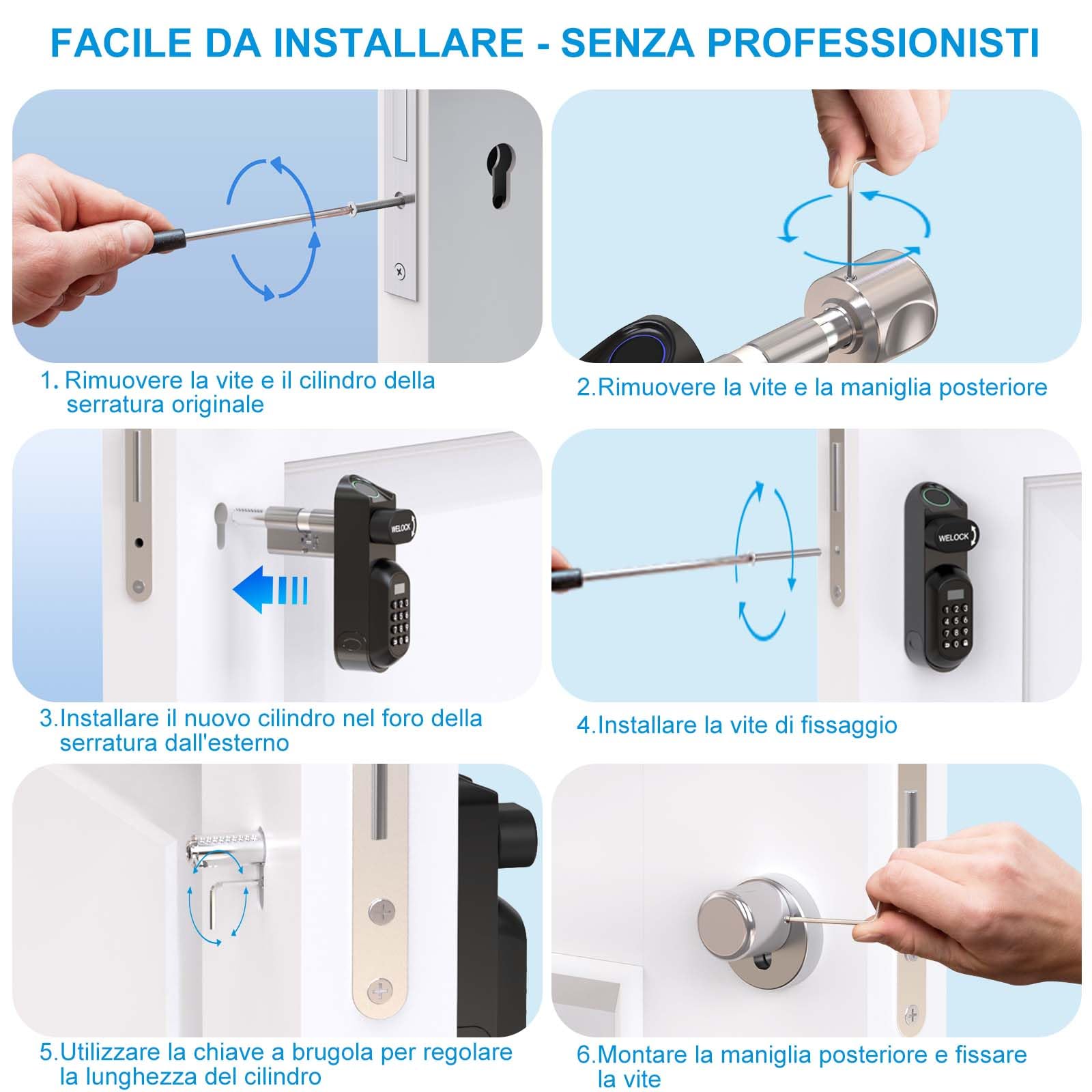 WELOCK U81 Serratura Smart,Serratura con impronta digitale con password,Bluetooth App,scheda RFID,Serratura Elettronica per Spessore 50-95mm,Facile da installare
