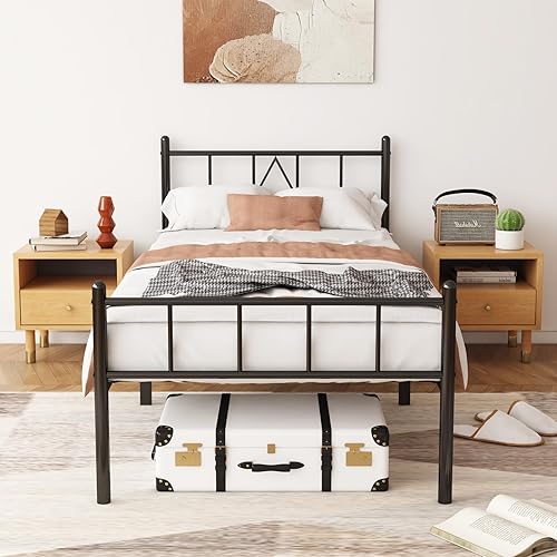 Base de cama individual con plataforma metálica de 14 pulgadas, base de cama tamaño individual con cabecero para niños, no necesita somier,