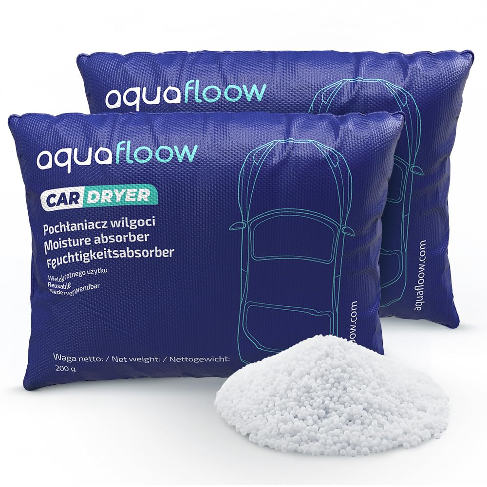 Aquafloow 2x Osuszacz powietrza do samochodu, wielokrotnego użytku, ochrona przed zaparowaniem, do wielokrotnego użytku, poduszka do osuszania zaparowanych szyb samochodowych (2x 0,2 kg)