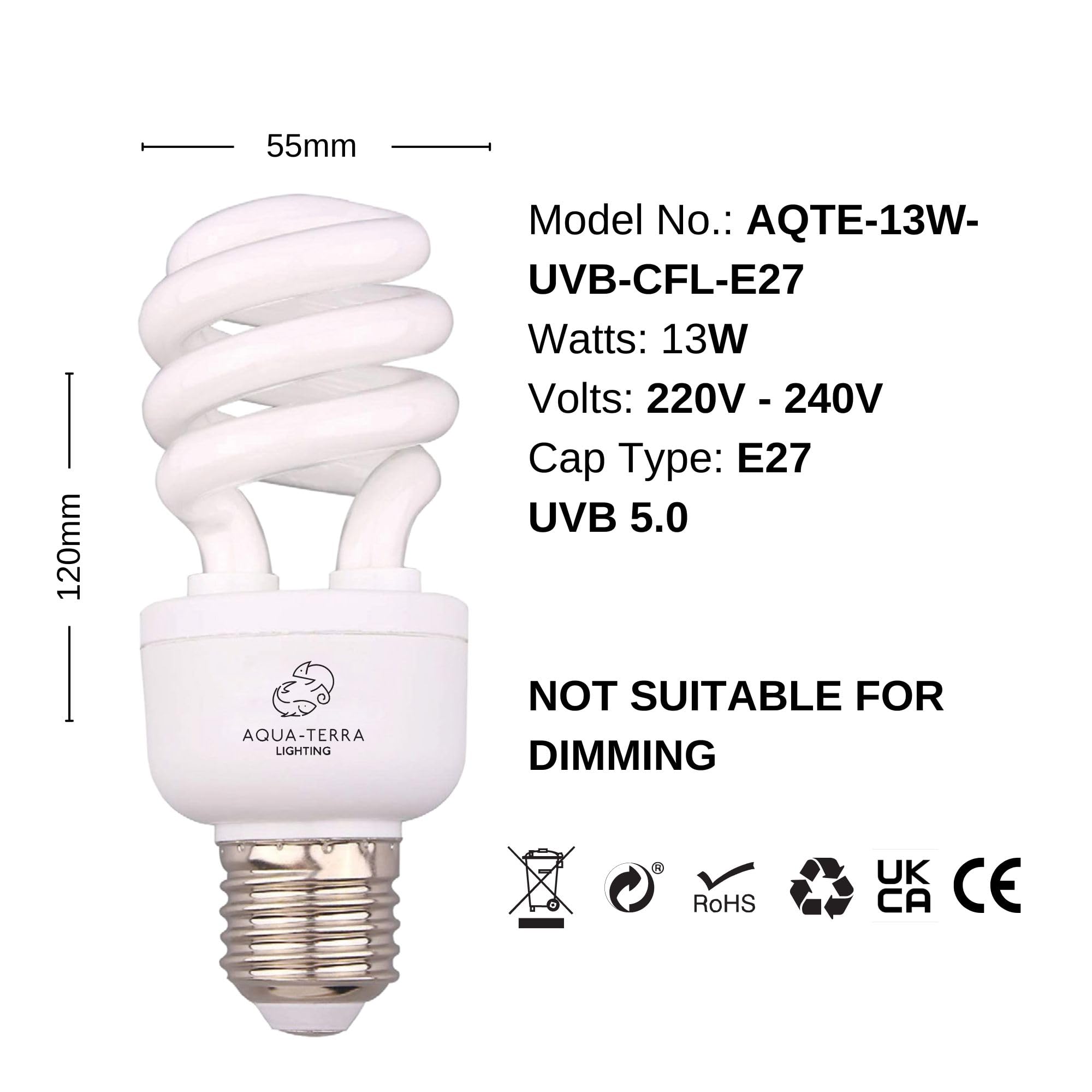 Bombilla UVA UVB tropical 5.0 de 13 W, ideal para acuarios/terrarios con terrapinas, tortugas de caja, ranas, serpientes y pájaros, base de rosca estándar E27, ideal para efecto de