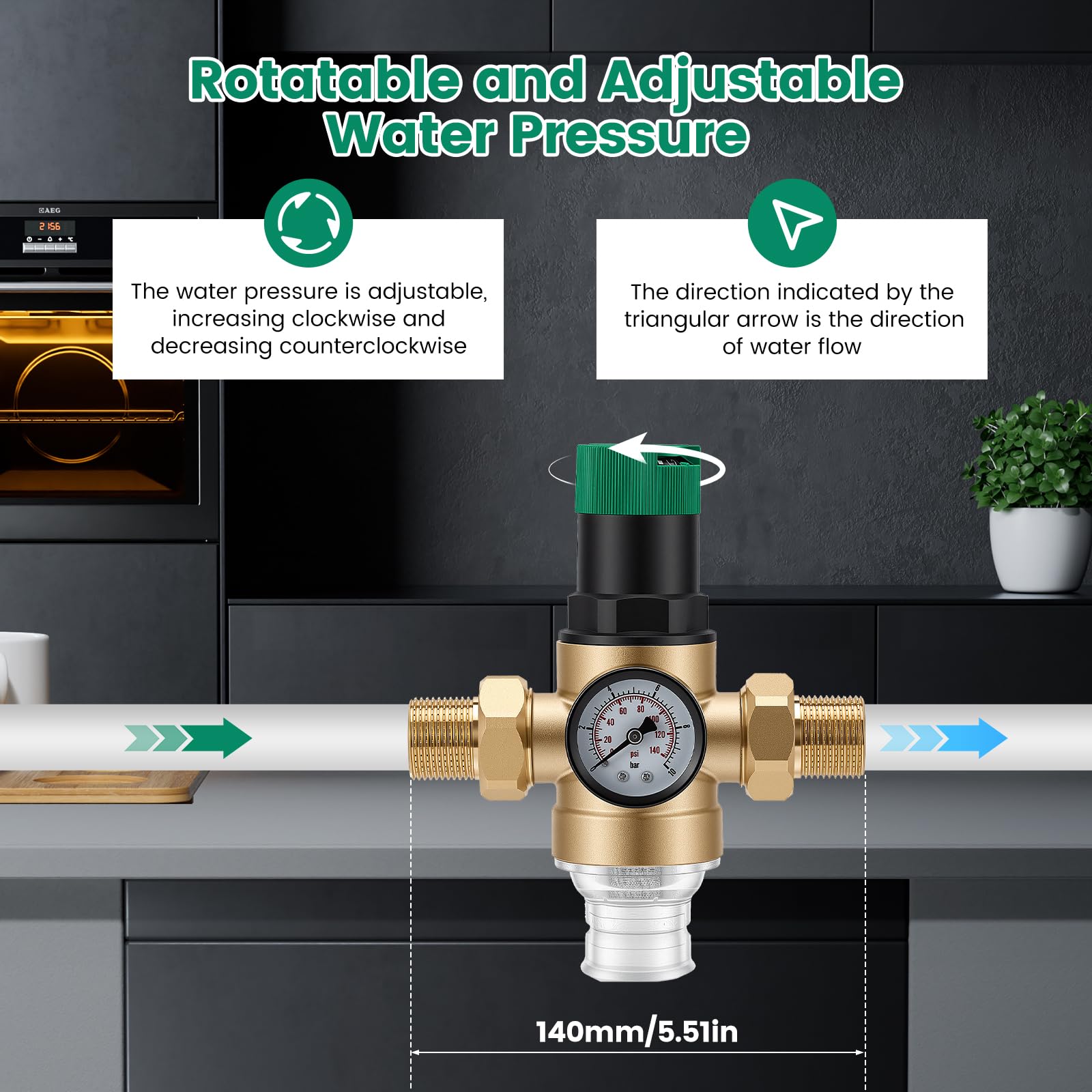 Riduttore di pressione dell'acqua da 3/4" con manometro e filtro da 40 μm, riduttore di pressione dell'acqua regolabile in ottone, pressione di uscita 1-6 bar, adatto per acqua potabile per casa