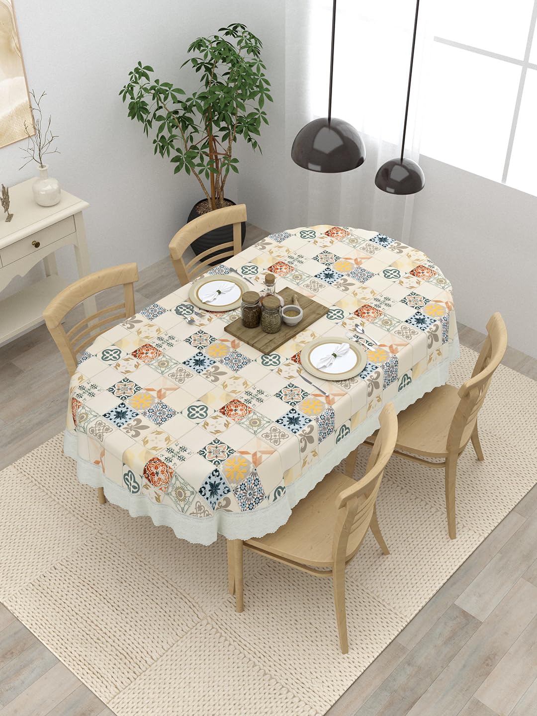 Clasiko 4 Seater Oval Dining Table Cover; 54x78 Inches or 137x198 Cms; Material - PVC; Anti Slip; Multicolor Checks-picture-18