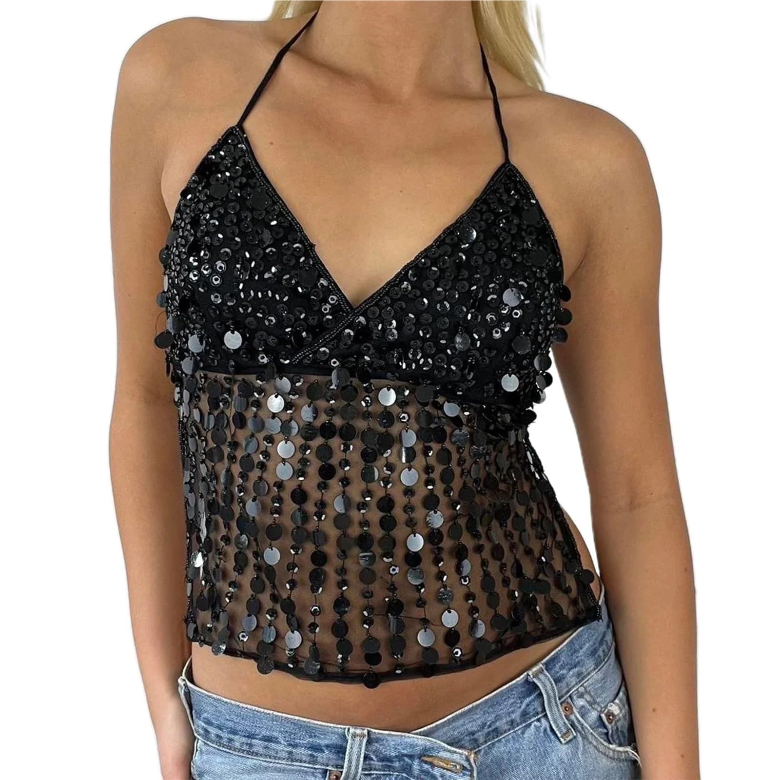 Top con Paillettes Top Corto Estivo da Donna in Tinta Unita con Scollo all'Americana, Senza Maniche, Scollo a V, Schiena Scoperta, vestibilità Attillata, con Paillettes e Lacci.
