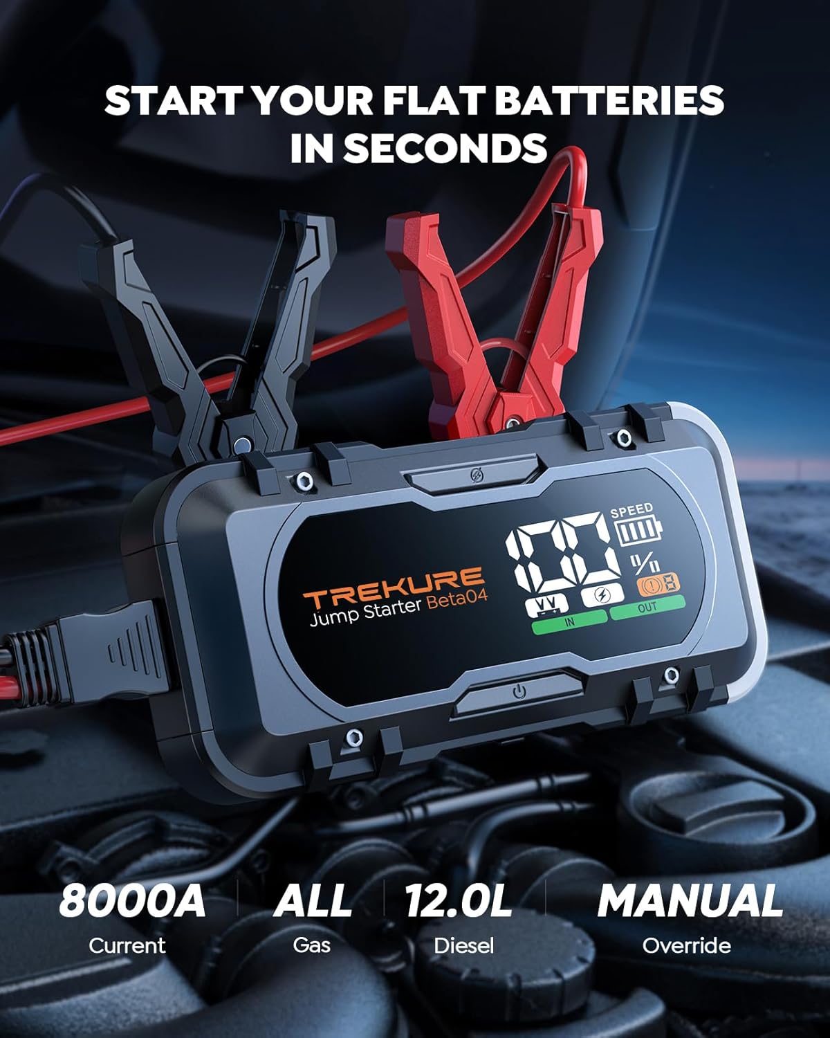 TREKURE 8-in-1 Car Battery Jump Starter 8000A Peak 65W Fast Charging Portable Car Battery Jumper Starter Portable (All Gas/10L Diesel) Jump Box with Extended Jumper Cables - Image 2